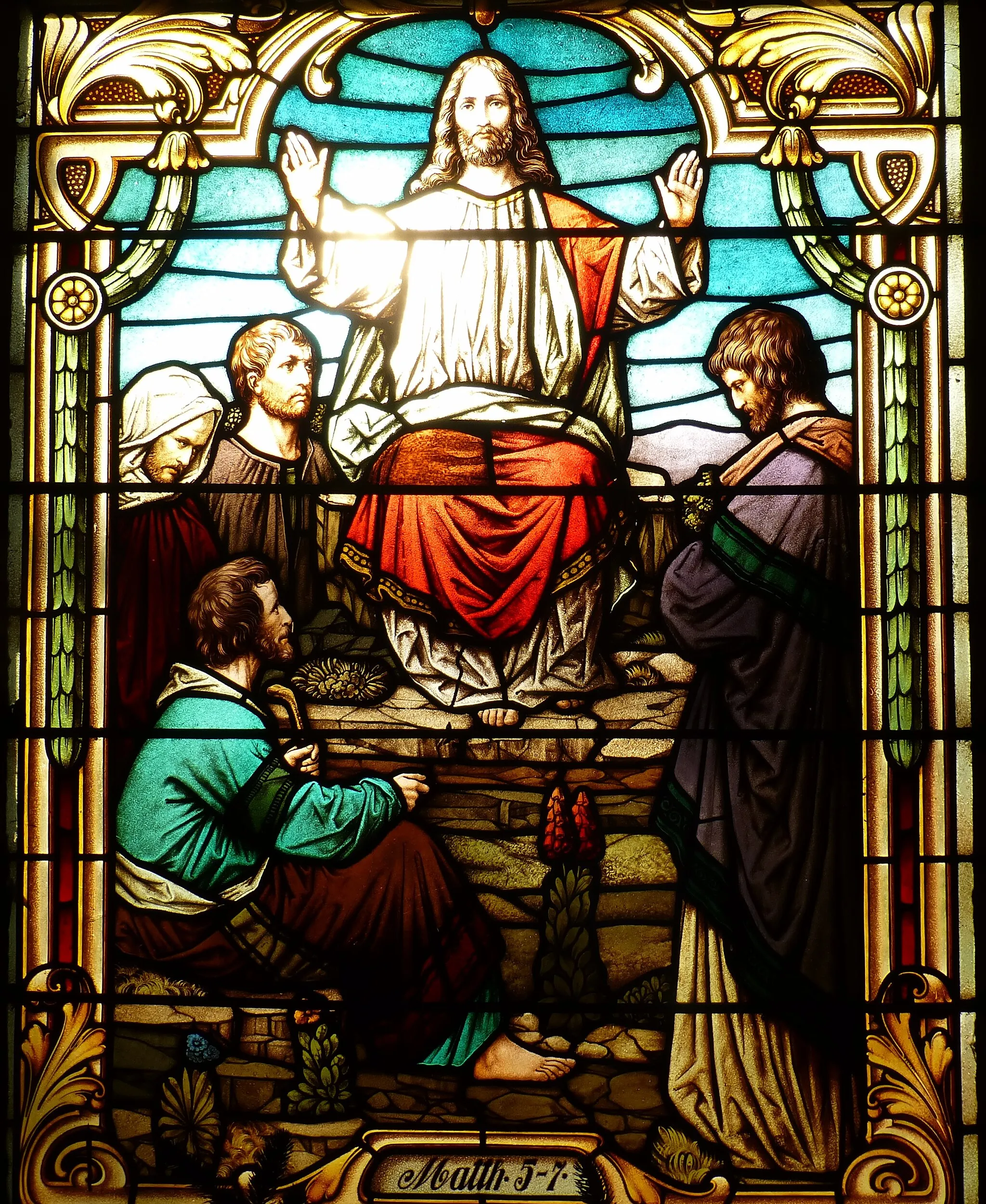 Photo showing: Kirche St. Nikolaus zu Gera-Roschütz, Buntglasfenster, dargestellt die Bergpredigt von Jesus Christus