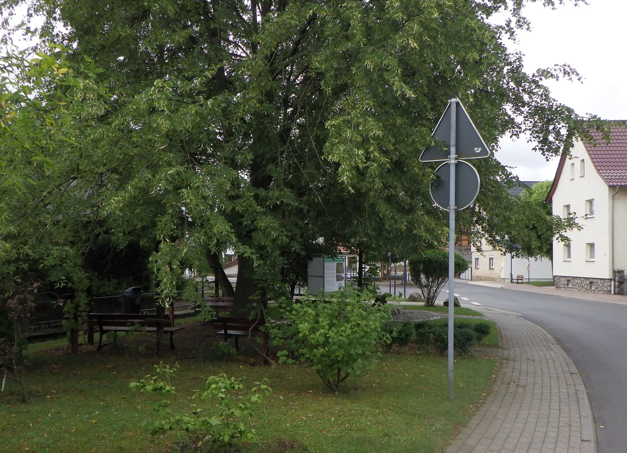 Photo showing: Der Ortsmittelpunkt wurde zu einem Treffpunkt ausgestaltet. Im Zentrum befindet sich die schon 1706 in einem Bergwerk am Ortsrand von Kupfersuhl entdeckte "Permeidechse". Die aus Kunststoff gefertigte lebensgroße Nachbildung wird durch zwei Informationstafeln näher erläutert.