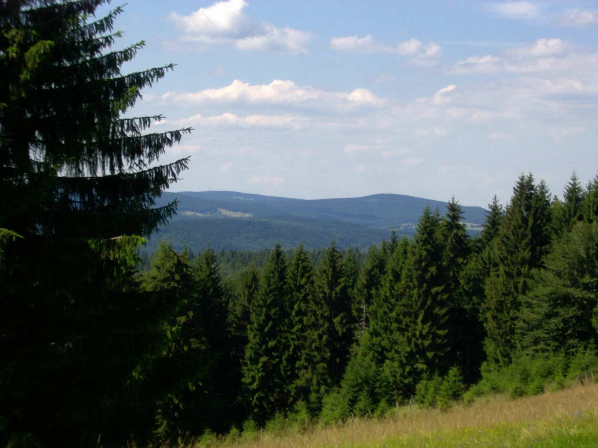 Photo showing: Blick vom Kalten Staudenkopf (768 m) auf den Großen (944 m, halbrechts) und den Kleinen (875 m, rechts) Finsterberg. Halblinks der Schneekopf (978 m) mit seinen Nebengipfeln Teufelskreise (967 m, davor) mit Schmücke (knapp unterhalb, Wiese) und Fichtenkopf (944 m, links davon). Die Wiese darunter liegt am Fuße des Großen Eisenberges (907 m, nach links verdeckt). Im mittleren Vordergrund der Volkmarskopf (726 m).