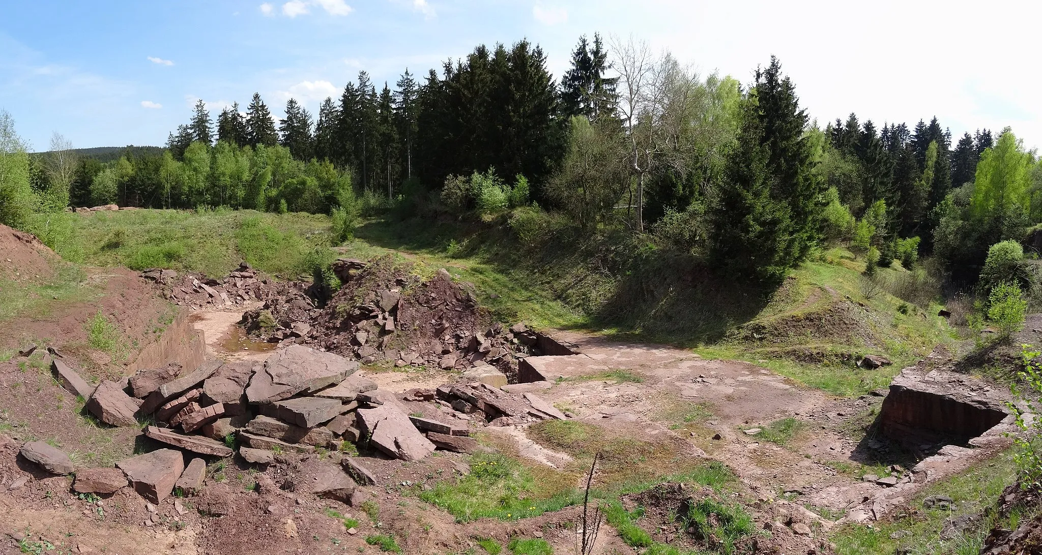 Photo showing: Blick nach Südosten über den „Ravine Quarry“, einen der Steinbrüche und Fossilfundstellen am Bromacker bei Tambach-Dietharz