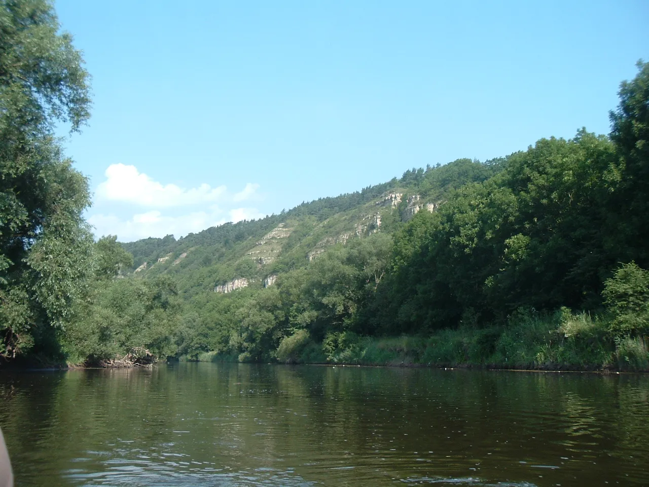 Photo showing: Die Felspartie der Nordmannsteine und das Klosterholz bei dem Ort Ebenau unterhalb von Creuzburg/Werra; aufgenommen bei einer Kanutour