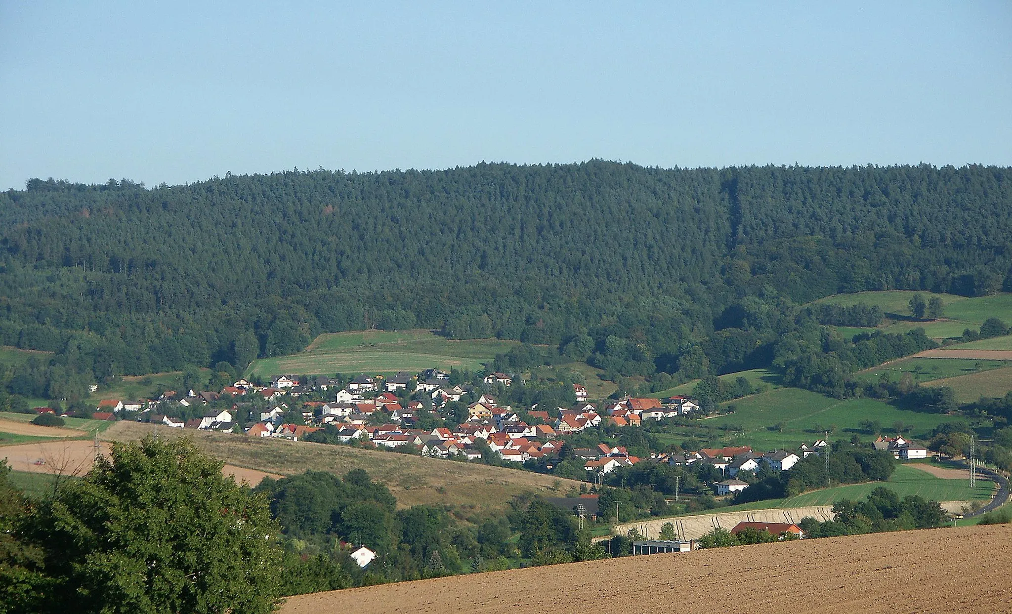 Photo showing: Rotensee, Ortsteil von Hauneck. Im Hintergrund der Mühlberg