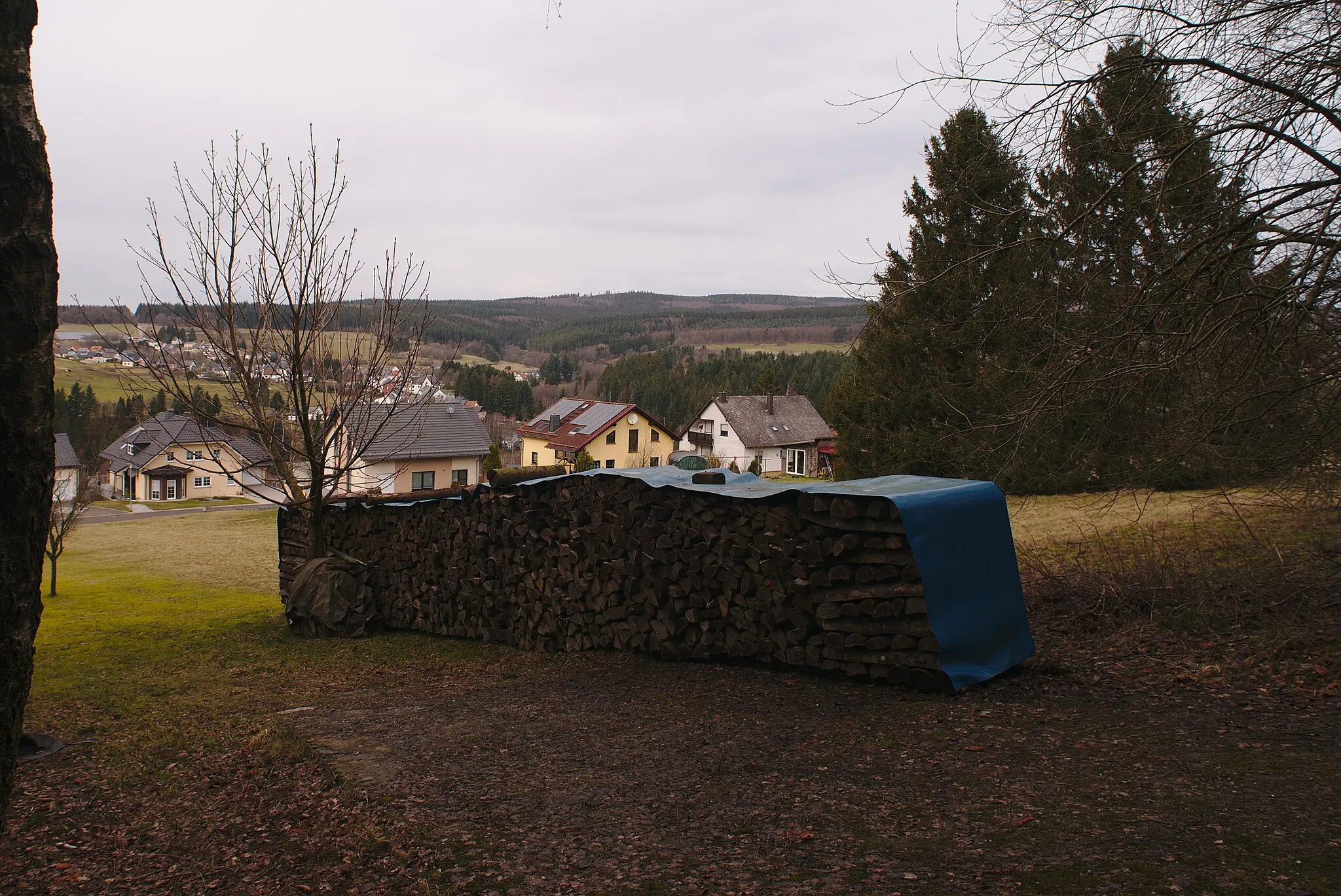 Photo showing: Blick von einem Weg, der hinauf zum Dollberg führt, auf Neuhütten im Landkreis Trier-Saarburg. Im Vordergrund befindet sich ein Stapel Holzscheite.