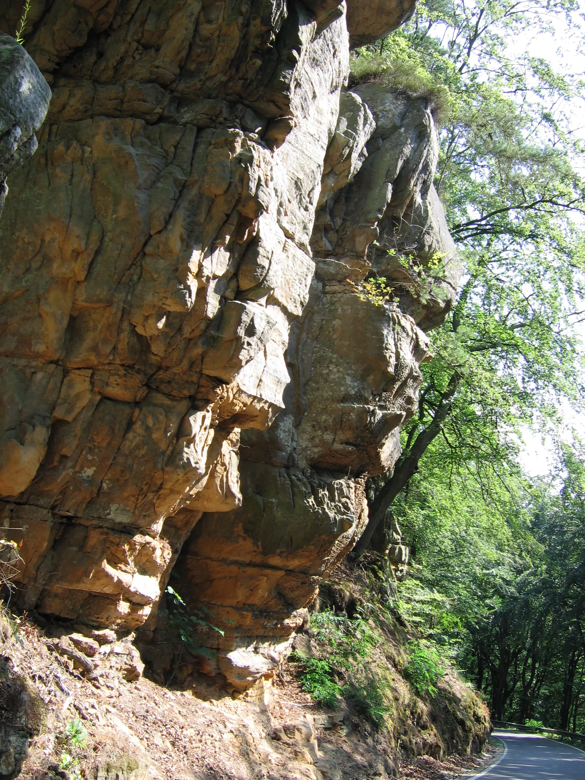 Photo showing: Lias sandstone rock near the village of Prümzurlay/Eifel Mountains, Germany. View from  "K21" Road between Prümzurlay and Prümerburg.