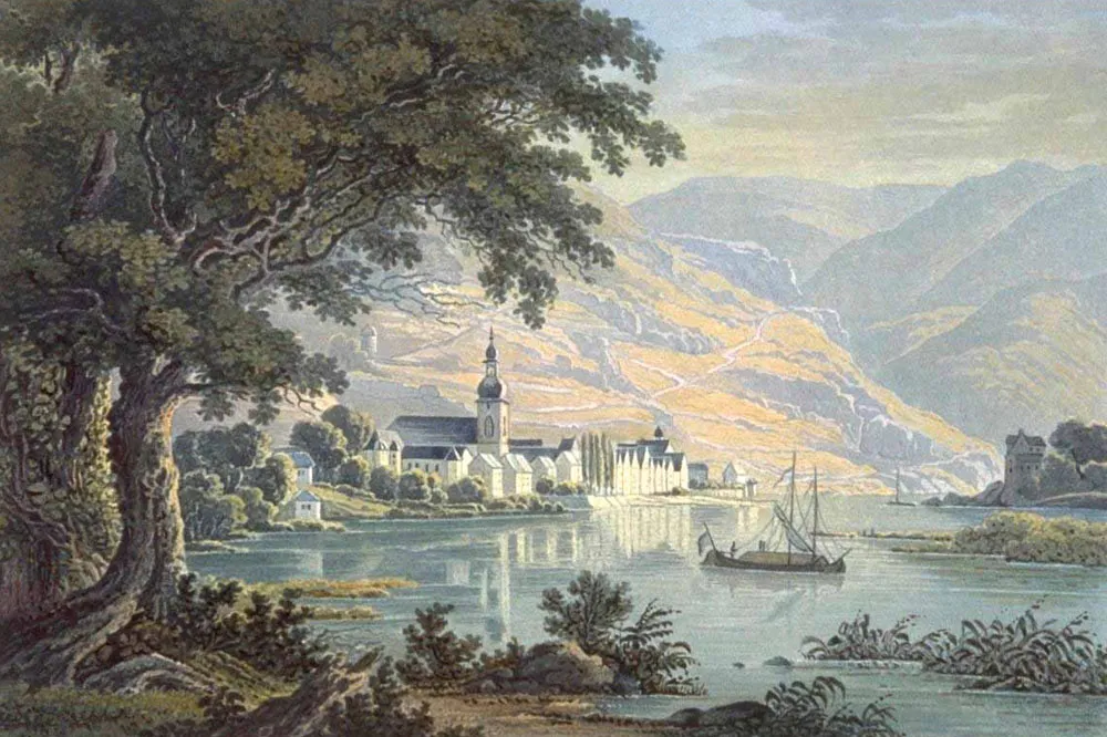 Photo showing: The town Zell on the Moselle River in Germany. Aquatint engraving by Karl Bodmer 1841.