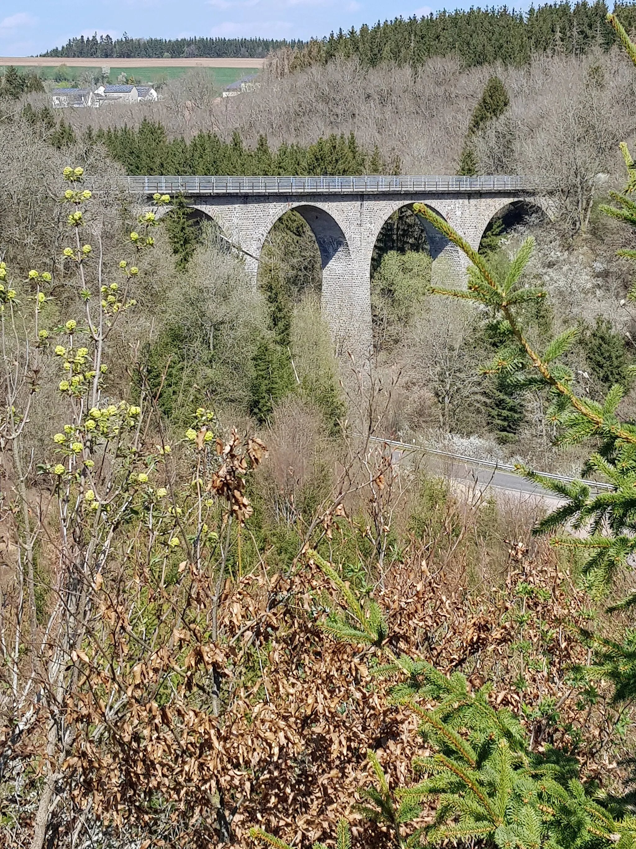 Photo showing: Eisenbahnviadukt bei Strickscheid, auf dem die ehem. Bahnstrecke Pronsfeld-Neuerburg die Straße nach Euscheid überquert.