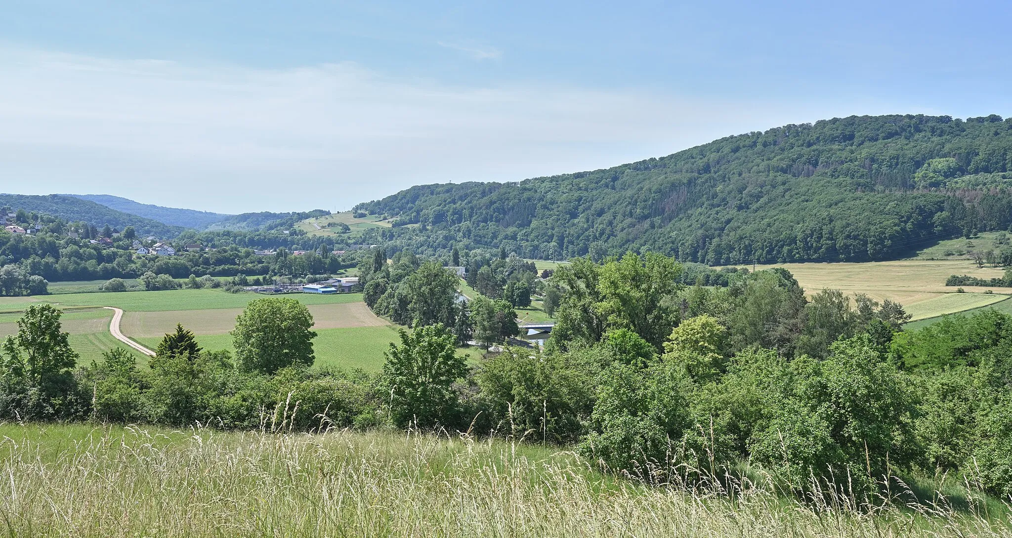 Photo showing: In the foreground: The nature reserve Rosport-Hëlt in Luxembourg. The hydroelectric power plant of Rosport is seen in the background.