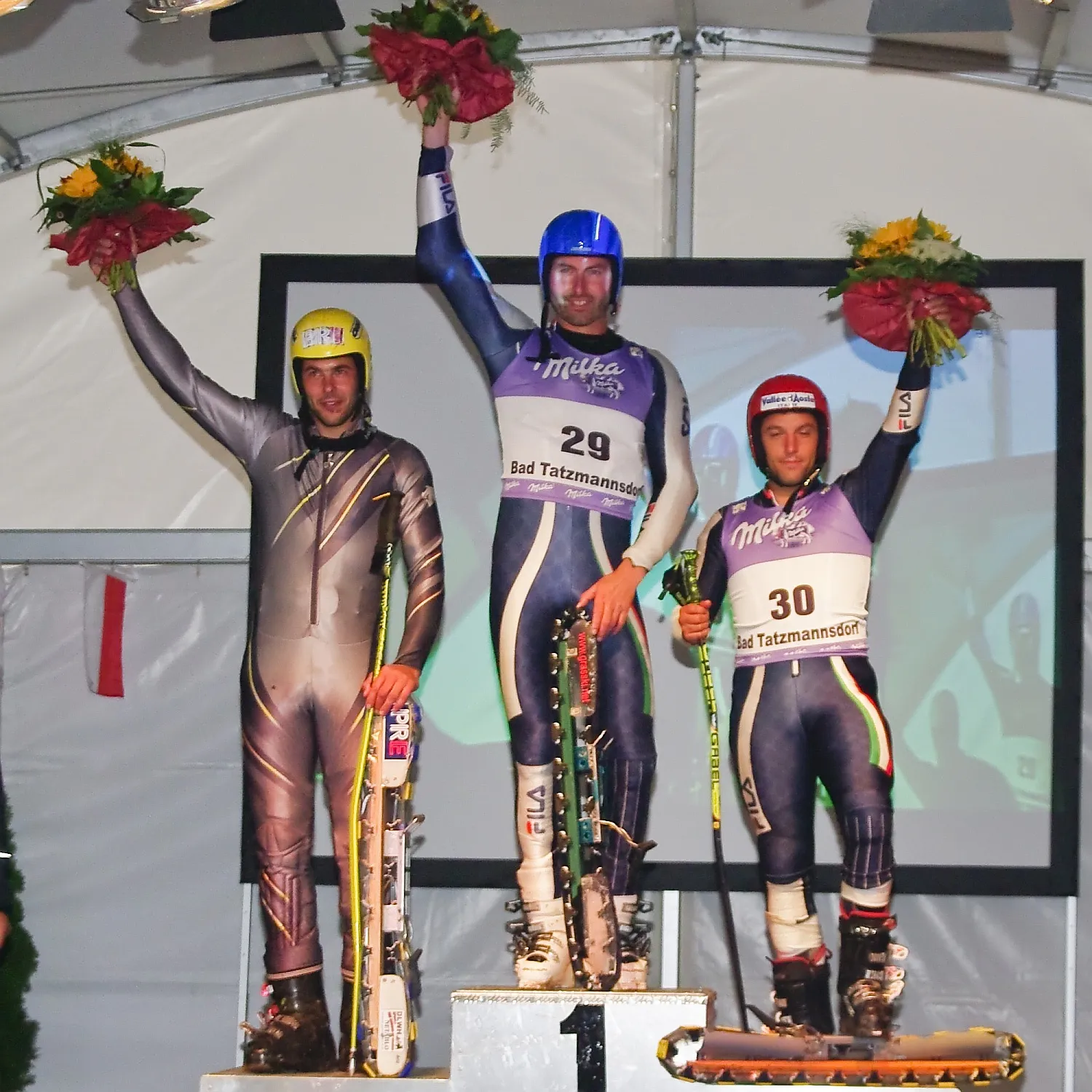 Photo showing: Grass Skiing World Championships 2009 in Rettenbach, Austria. Men's Super-G, Prize Geving Ceremony: 1st Place: Riccardo Lorenzone (ITA), 2nd Place: Jan Němec (CZE), 3rd Place: Edoardo Frau (ITA)