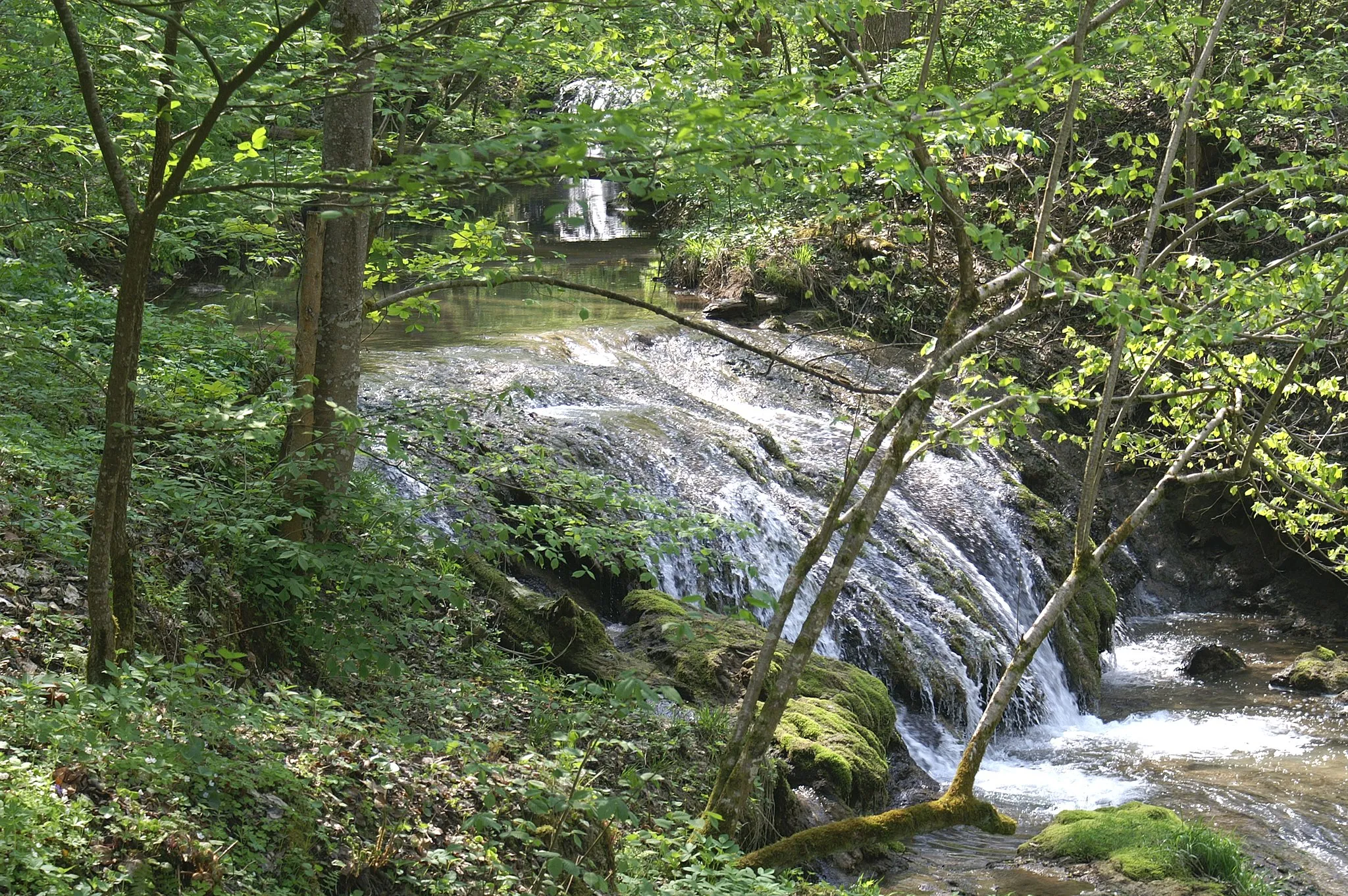 Photo showing: Große Lauter, einer der beiden Wasserfälle mit zwei Fallstufen über Kalktuff, mittlere Schwäbische Alb.
