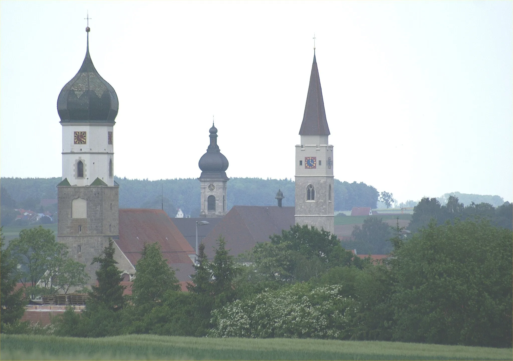 Photo showing: Die Ansicht der Großen Kreisstadt Ehingen an der Donau wird von drei barocken Kirchtürmen dominiert (links: Liebfrauenkirche beim Franziskanerkloster, Mitte: Herz-Jesu-Kirche , rechts: Stadtpfarrkirche St. Blasius)