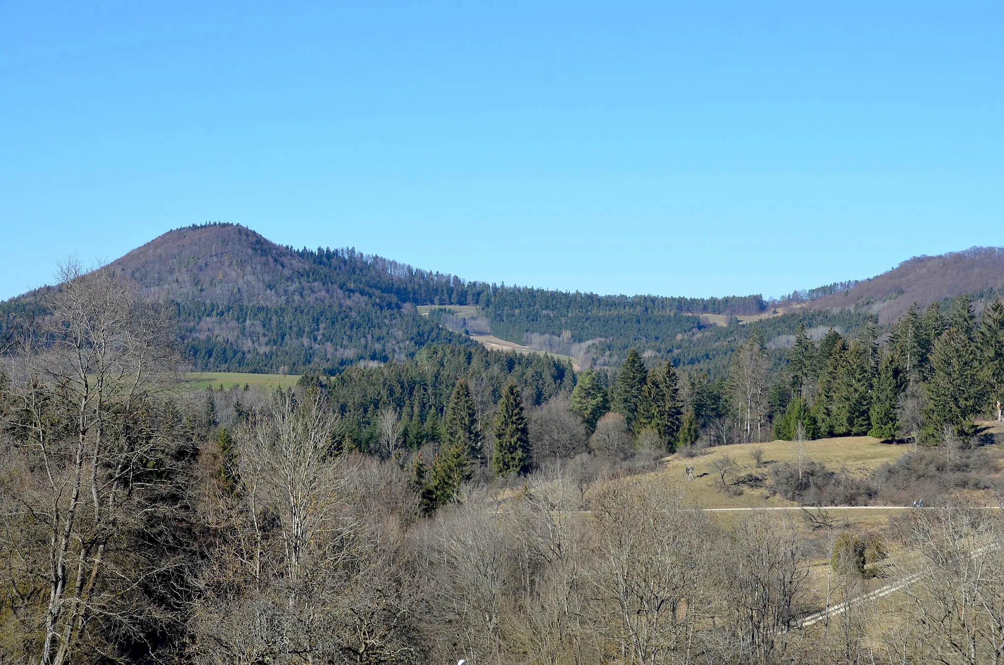 Photo showing: Hundsrücken, Blick über das Naturschutzgebiet Roschbach im Landschaftsschutzgebiet Hundsrücken zum Naturschutzgebiet Irrenberg-Hundsrücken und Wasserschutzgebiet Stellequellen-Lutzenbrunnenquelle