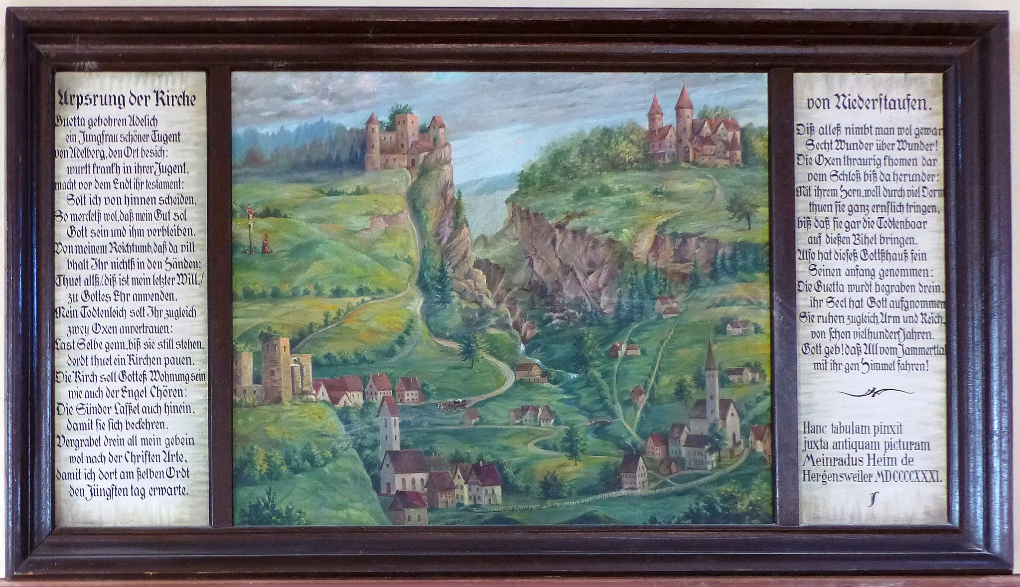 Photo showing: Cycle of legends of the blessed Guta von Adelberg in the parish church of Niederstaufen, municipality Sigmarszell, district Lindau in Germany.
Castles from the left: Waldburg and Adelberg near Niedestaufen and Alt-Schönstein near Möggers.

Churches from the left: Niederstaufen and Hohenweiler.