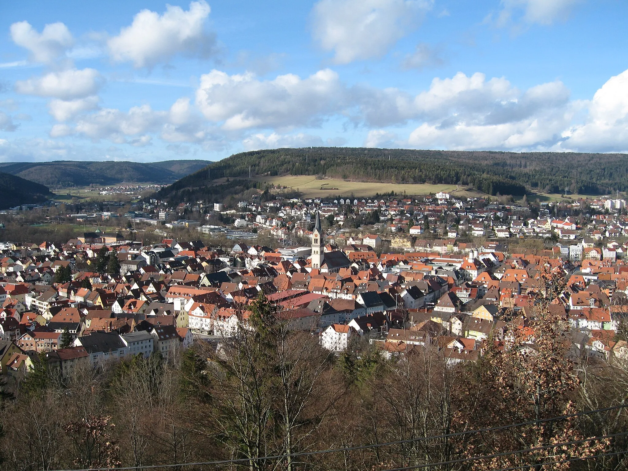 Photo showing: Das Bild zeigt die Tuttlinger Innenstadt - Sicht vom Aussichtspunkt Honberg nordwärts (Bildmitte Turm der ev. Stadtkirche Peter und Paul)