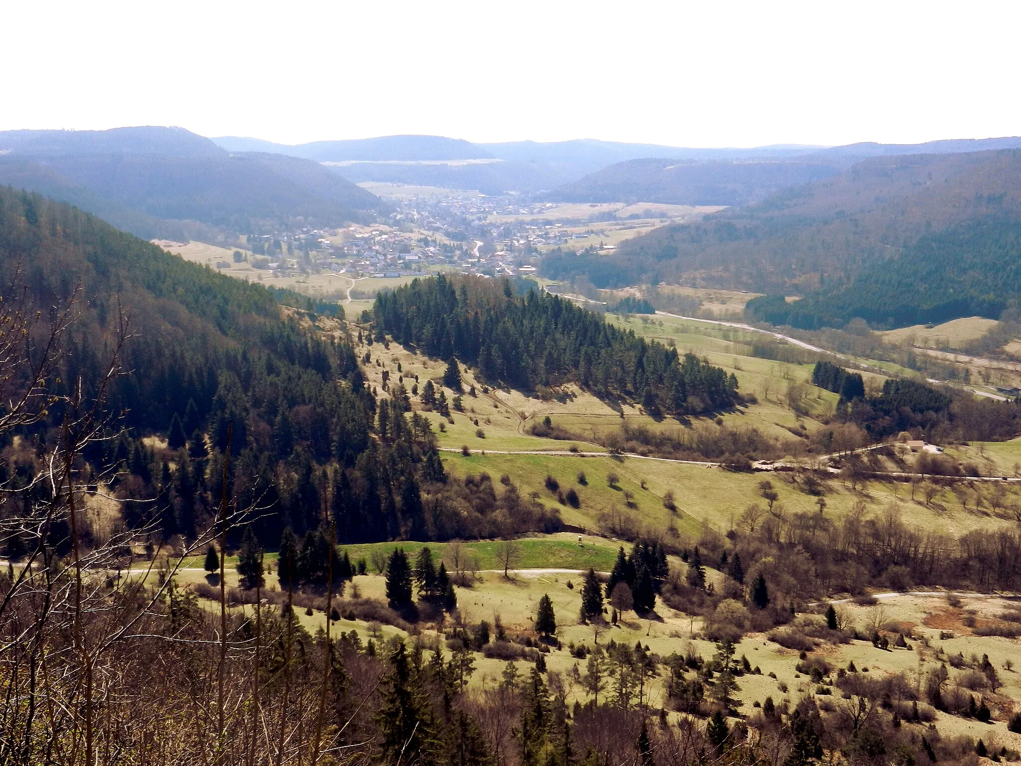Photo showing: Das in ihrem Oberlauf "Killertal" genannte Tal der Starzel im Zollernalbkreis. Von vorne die Dörfer Killer, Starzeln und Hausen im Tal, alles Stadtteile von Burladingen. Die bewaldete Kuppe im Vordergrund ist das Naturschutzgebiet Bürgle.