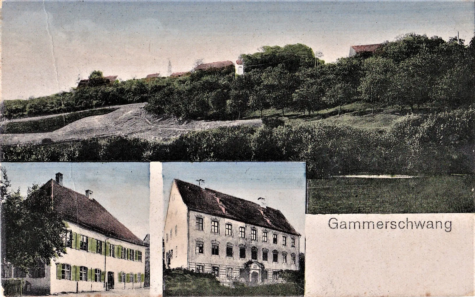 Photo showing: Postcard of the village Gamerschwang (Gammerschwang) with view from the Danube (top), the inn Krone (bottom left) and the castle (middle bottom). Postcard.