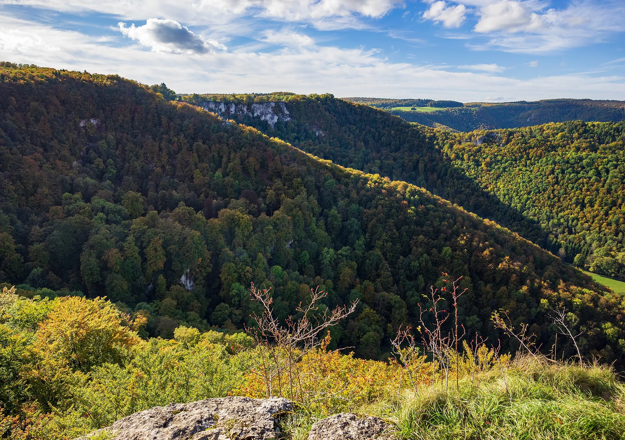 Photo showing: Bad Urach, Germany: view from the Eppenzillfelsen to northwest over the Brühlbach valley to the mountain slope of the Uracher Wasserfall (centre) and to the southwest slope of the Runder Berg (background). The complete area in middle ground and background belongs either to the nature reserve Rutschen (local ID 4.112, WDPA ID 165270) or to the protected landscape area Reutlinger und Uracher Alb (local ID 4.15.135, WDPA ID 323829).