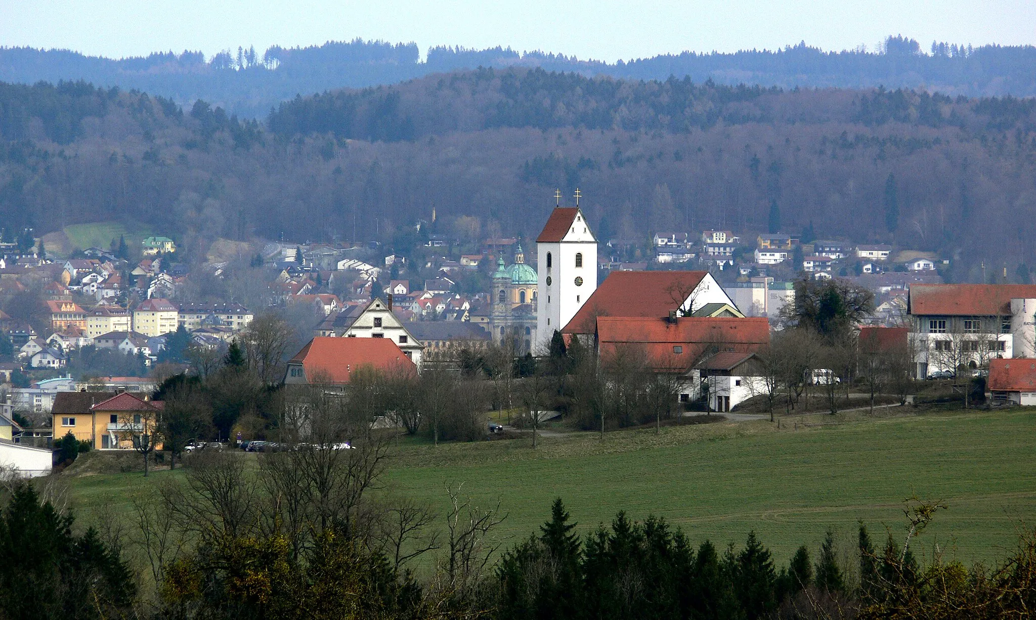 Photo showing: Ortsteil Berg (mit Pfarrkirche) in 88276 Berg, gesehen von den Anhöhen im Westen, im Hintergrund die Basilika Weingarten im Schussental