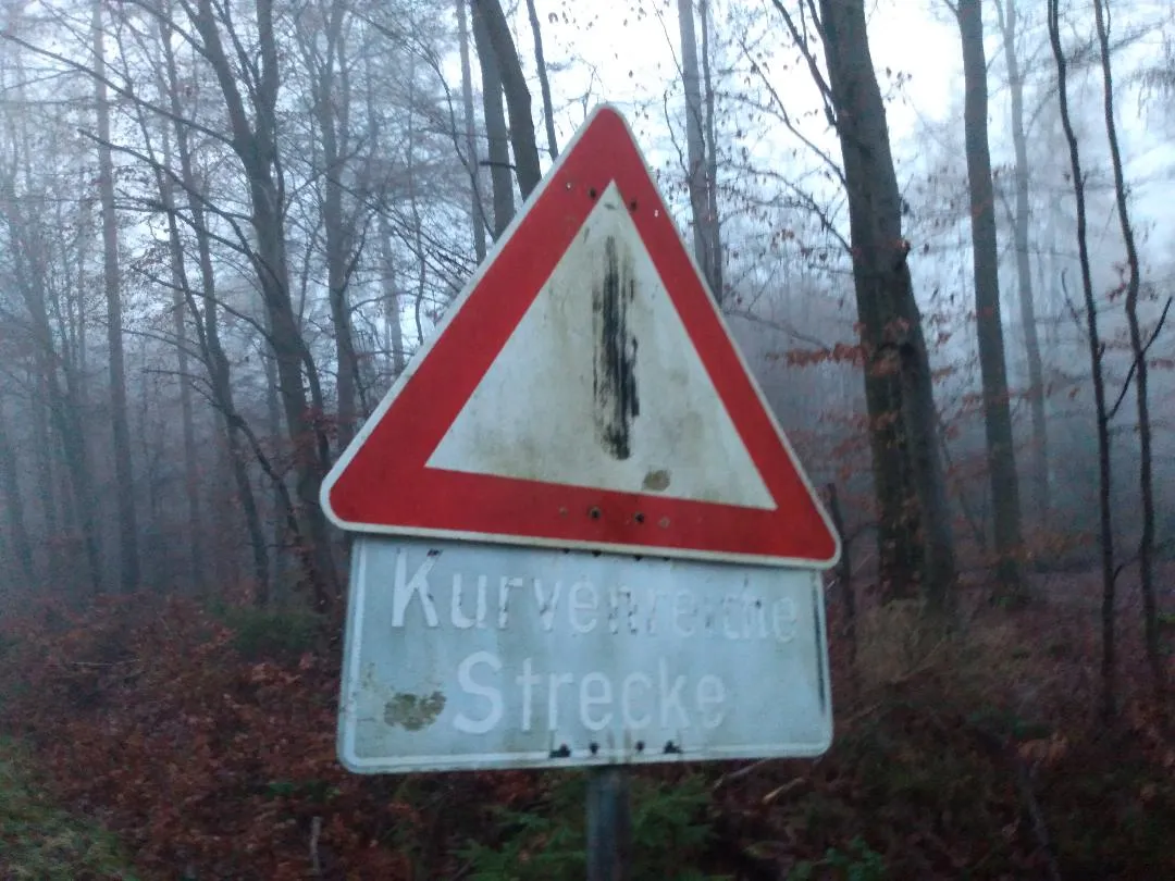 Photo showing: Das Verkehrszeichen Bild 1 (Allgemeine Gefahrenstelle) mit Zusatztafel im Wald bei Mainbullau, Landkreis Miltenberg. Auf der Zusatztafel steht "kurvenreiche Strecke".