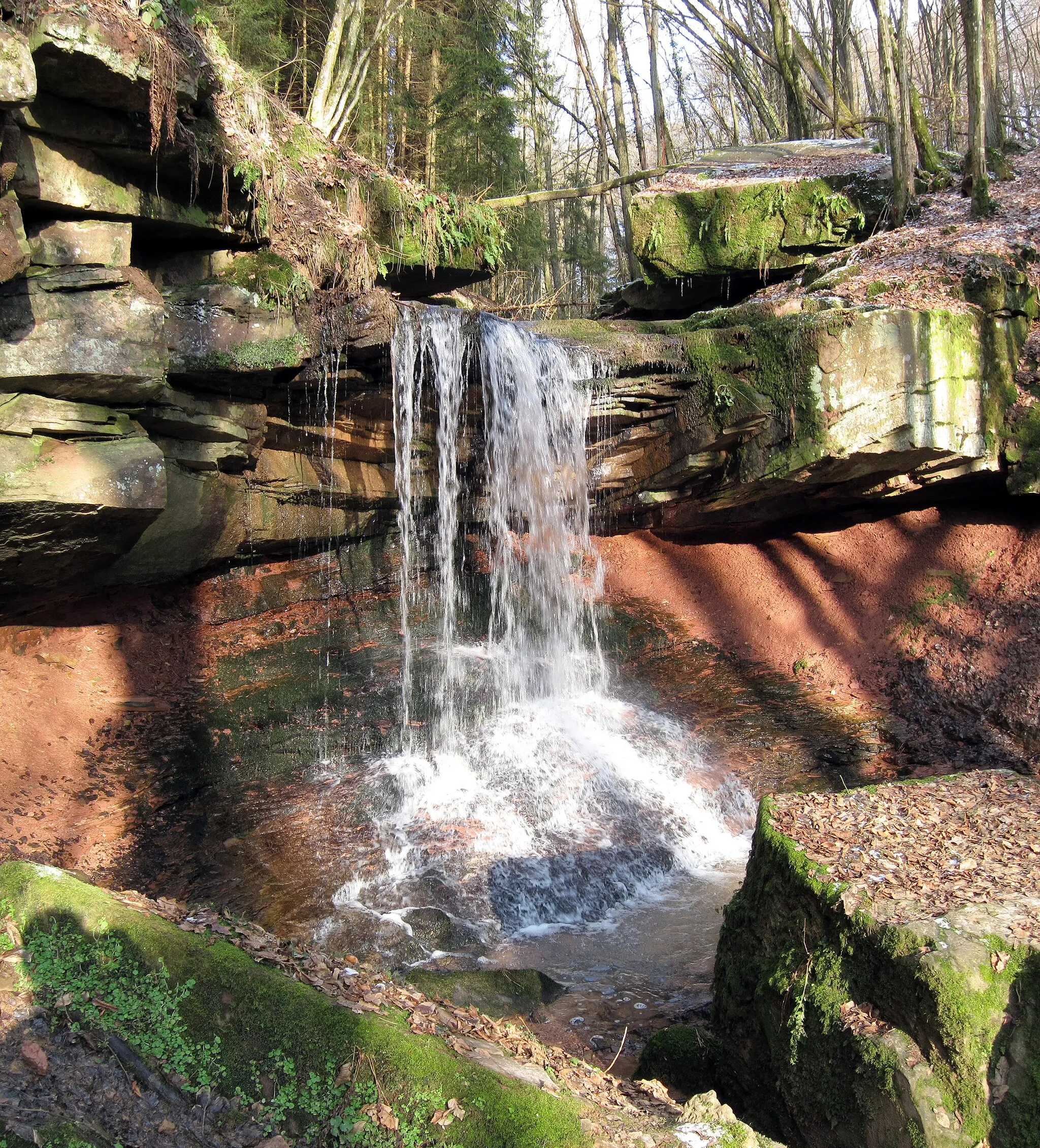 Photo showing: Tretstein Wasserfall, ein kleiner Wasserfall zwischen Wartmannsroth und Gräfendorf im südlichsten Teil der bayerischen Rhön. Der etwa drei Meter hoch freifallende Wasserfall ist als Naturdenkmal und als Geotop ausgewiesen.