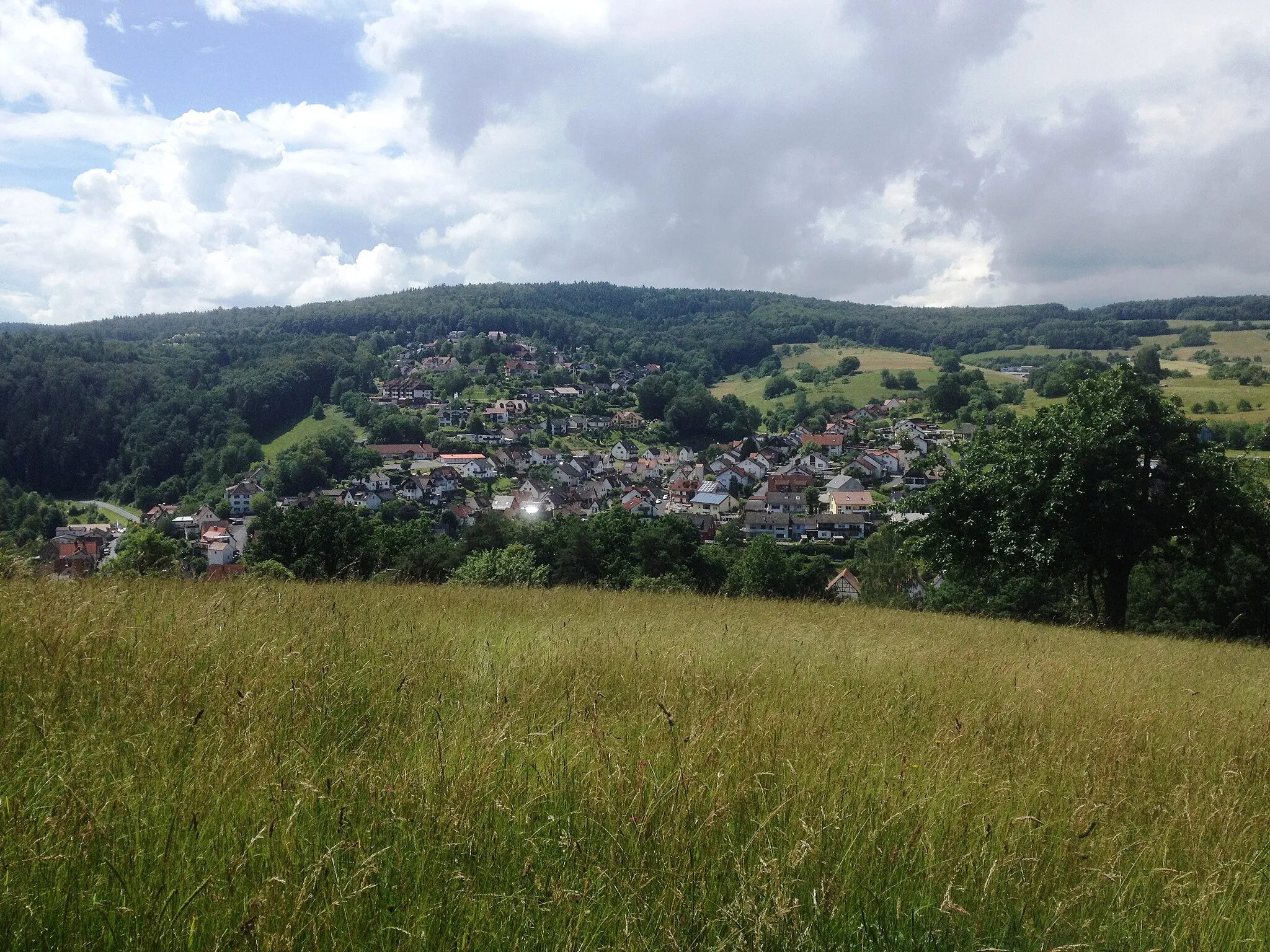 Photo showing: View of the vilage of Heimbuchenthal, Aschaffenburg district, Bavaria, Germany. Seen from the Panoramaweg to the east, June 2016.