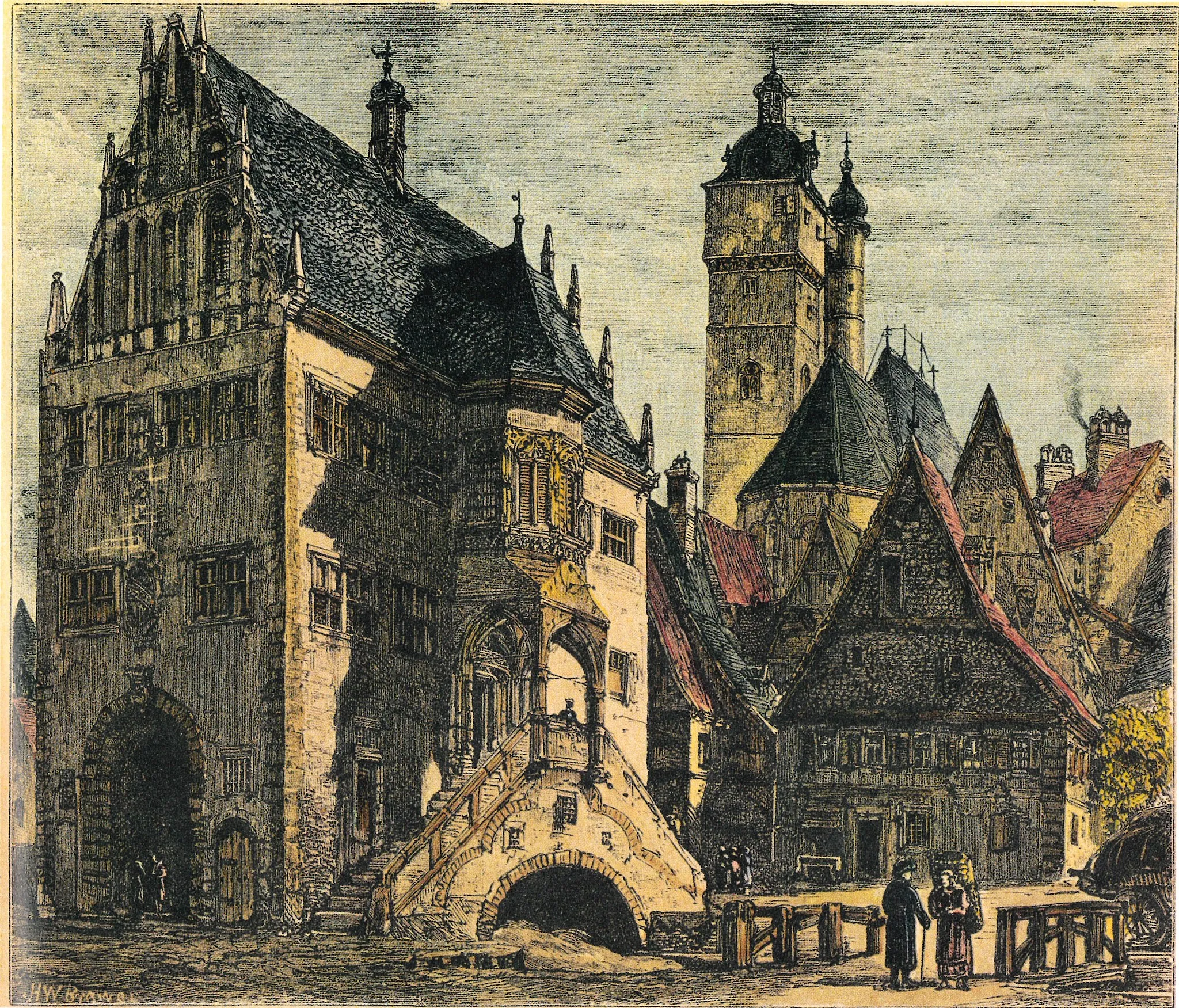 Photo showing: Radierung, Dettelbach (Rathaus mit Rathaussteg) und Stadtpfarrkirche St. Augustinus, von Henry William Brewer, englischer Reisemaler (gest. 1903)