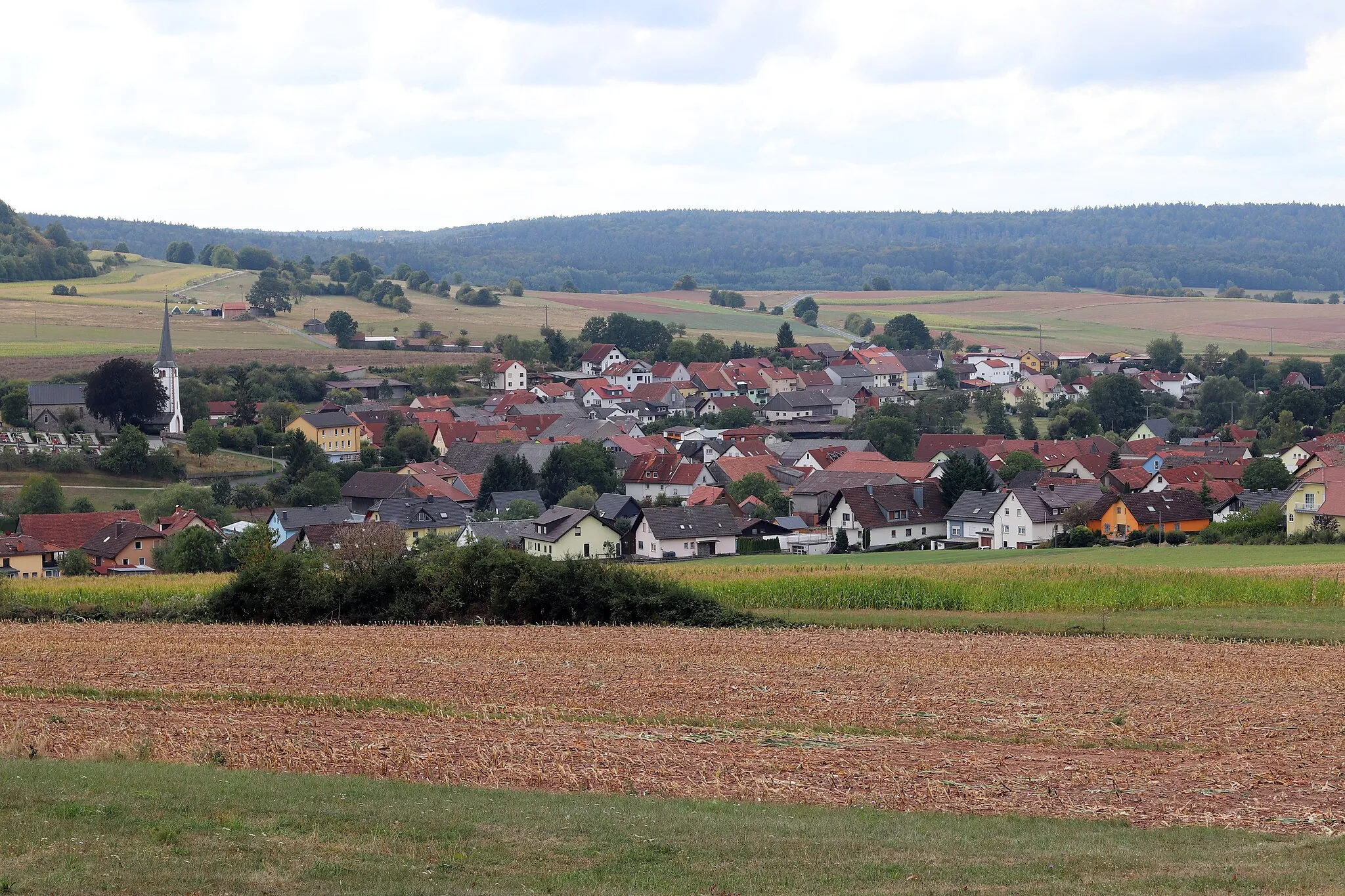 Photo showing: Blick auf Schondra vom Zugangsweg zum Lindenstumpf aus