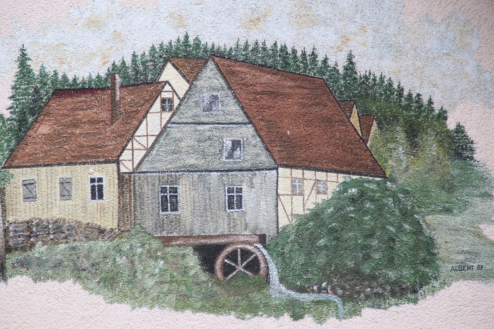 Photo showing: Abbildung der Kahlmühle (wie sie früher einmal aussah), an die Fassade des Gebäudes gemalt