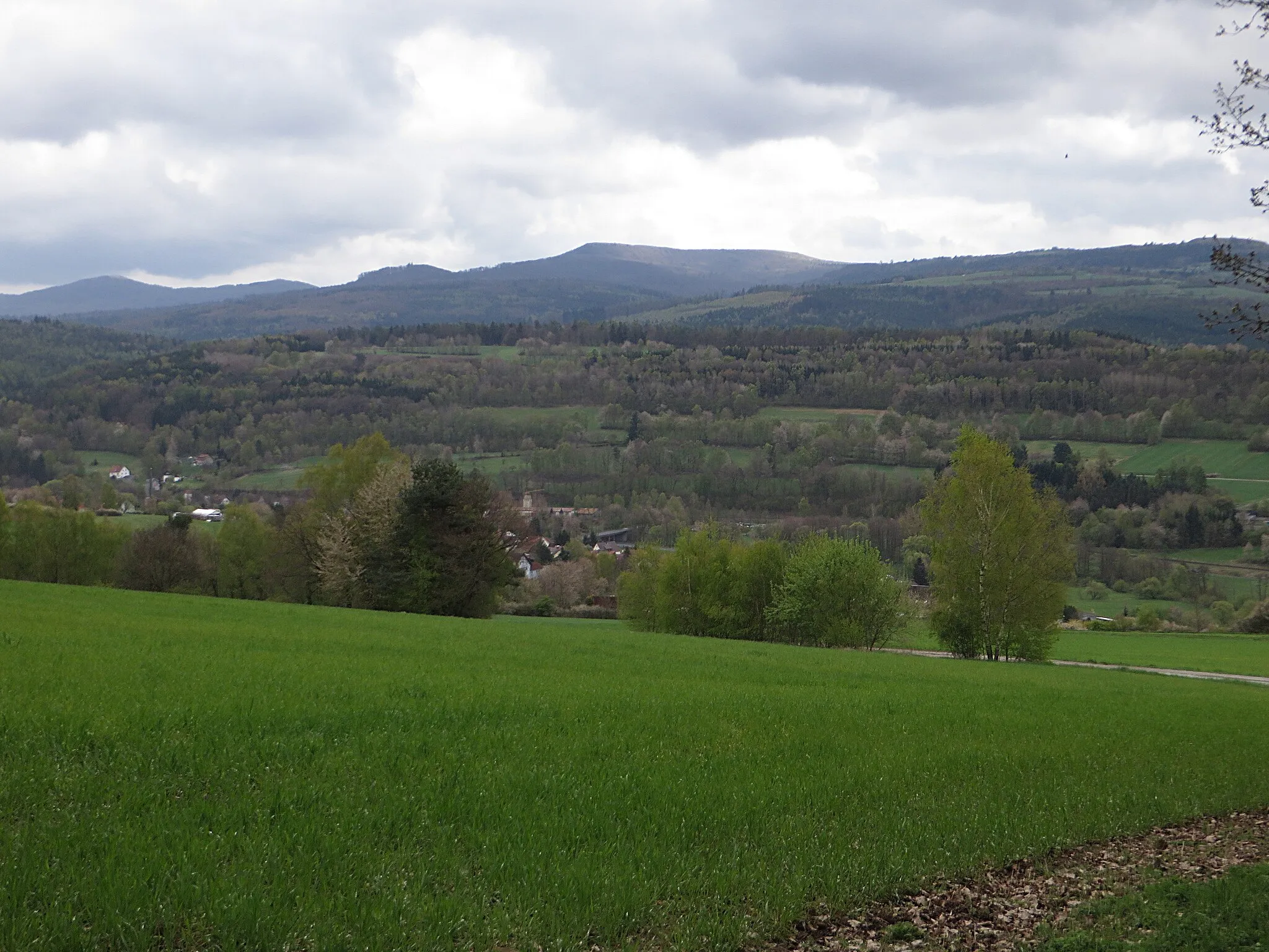 Photo showing: Abschnitt des Dammersfeldrückens, gesehen vom Gebiet südlich des Parkplatzes Altgericht (zwischen Hettenhausen und Weyhers). Der Blick reicht vom Eierhauck(berg) (links) bis zur Dalherdakuppe (rechts). Das Dorf im Tal ist Hettenhausen.