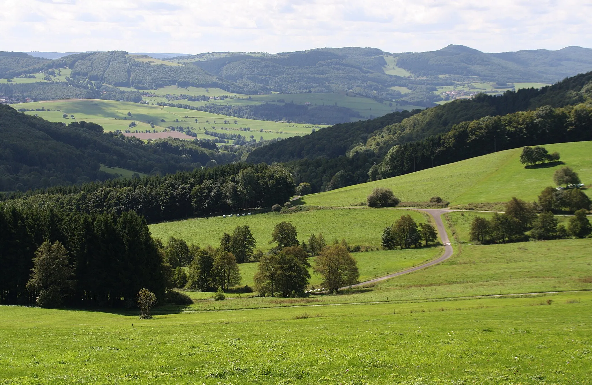 Photo showing: Blick vom Gebiet unterhalb der Fuldaquelle südwärts auf Teile des Dammersfeldrückens, Rhön