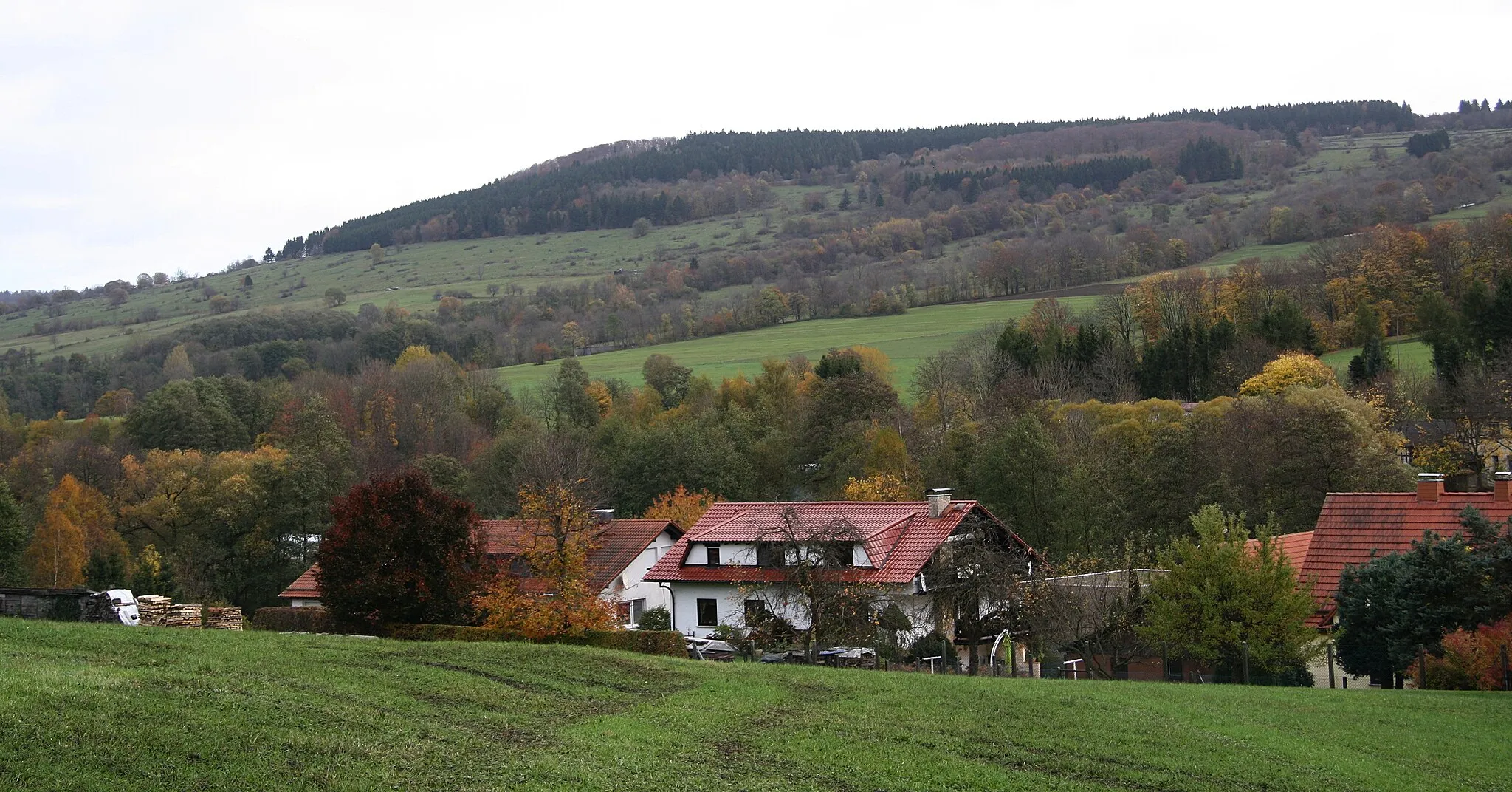 Photo showing: Blick vom Nordrand von Wüstensachsen nordostwärts zum Querenberg, Teil der Kante der Langen Rhön zum Ulstertal