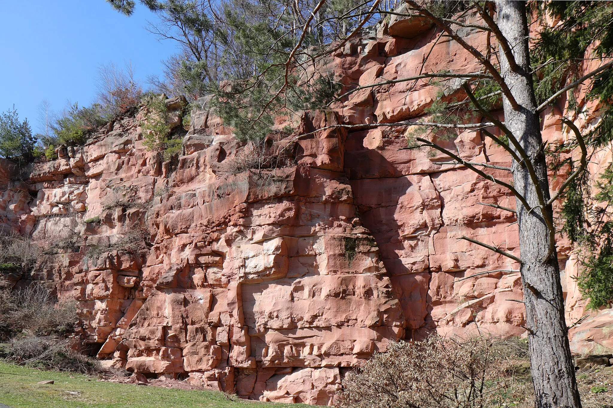 Photo showing: Former red sandstone quarry near Heigenbruecken, type locality of Heigenbruecken sandstone, Geotope 671A011, Object-ID 5922GT000001