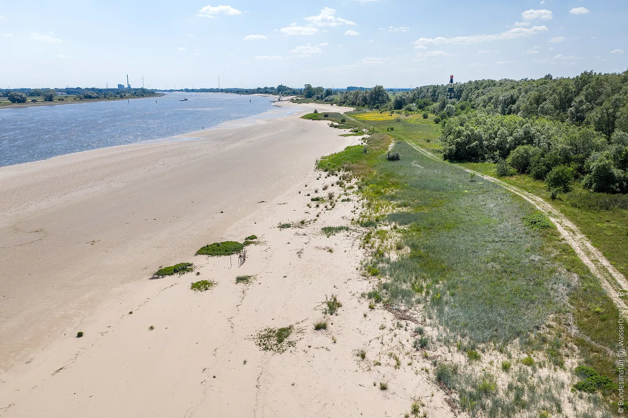 Photo showing: Unbefestigter Strand und natürliche Ufervegetation beim Elsflether Sand