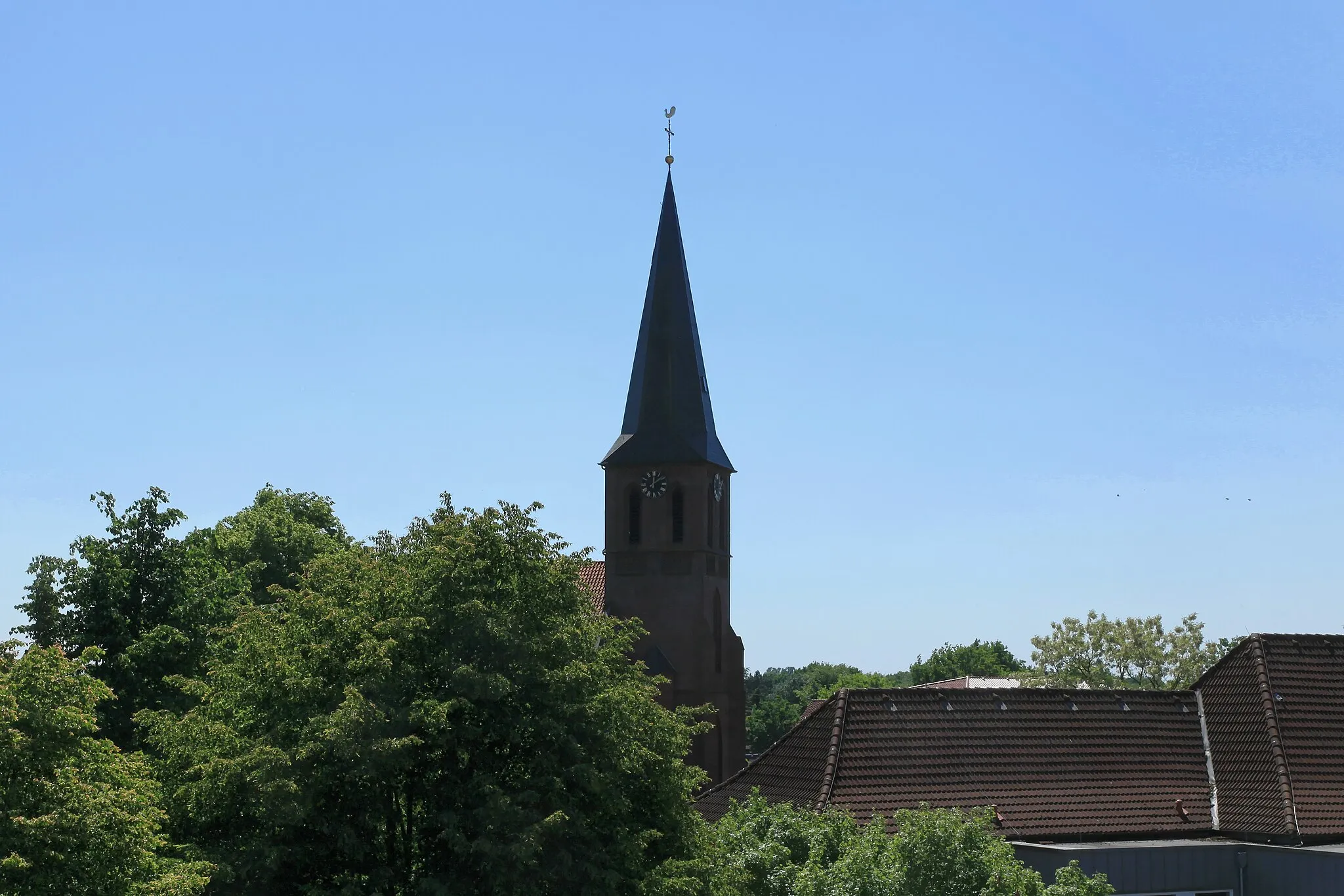 Photo showing: Blick von der Mühle Scharrel‎ zu St. Peter und Paul in Scharrel, Saterland am Deutschen Mühlentag 2018
