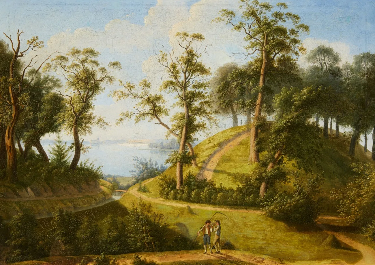 Photo showing: Ansicht von Dreibergen am Zwischenahner Meer. Deutscher Künstler der 1. Hälfte des 19. Jahrhunderts. Öl auf Leinwand . 53 x 71 cm.