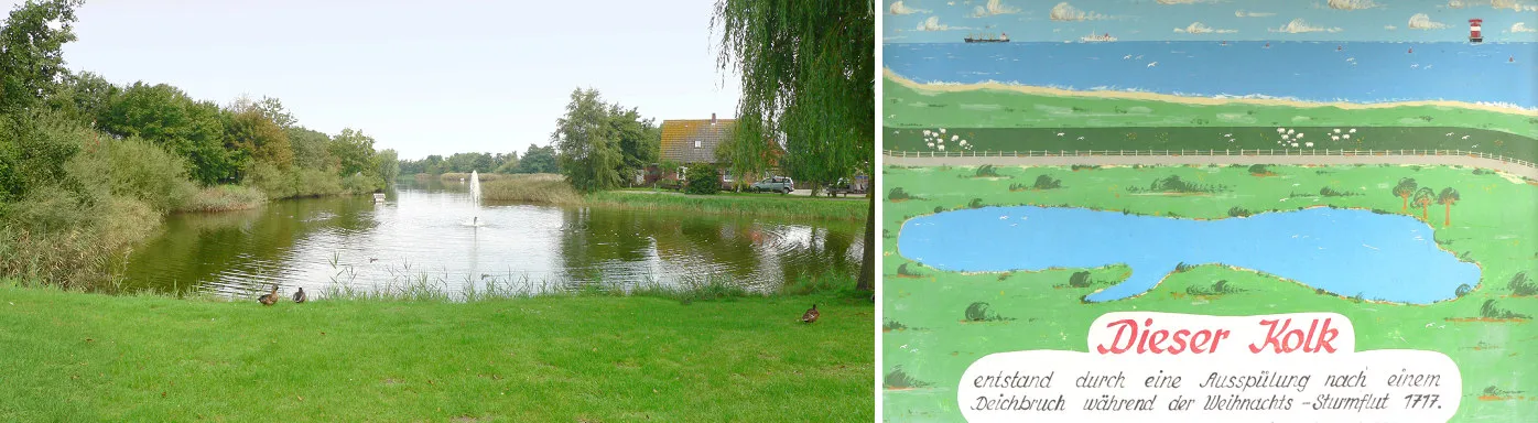 Photo showing: Kolk und erläuterndes Schild in Horumersiel, Schild öffentlich aufgestellt neben dem Kolk