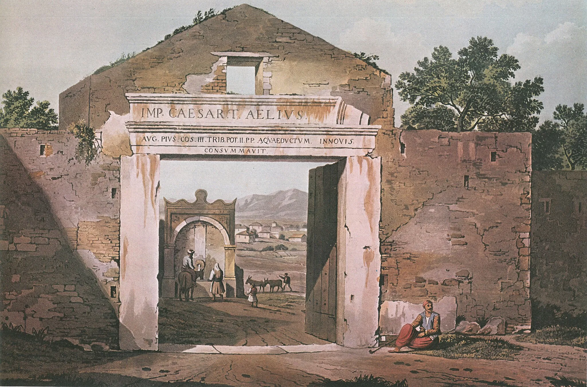Photo showing: The Boubounistra Gate, one of the gates in the late Ottoman city wall of Athens, incorporating an inscribed epistyle block from the portico of the reservoir of the aqueduct of Hadrian on Lycabettus.