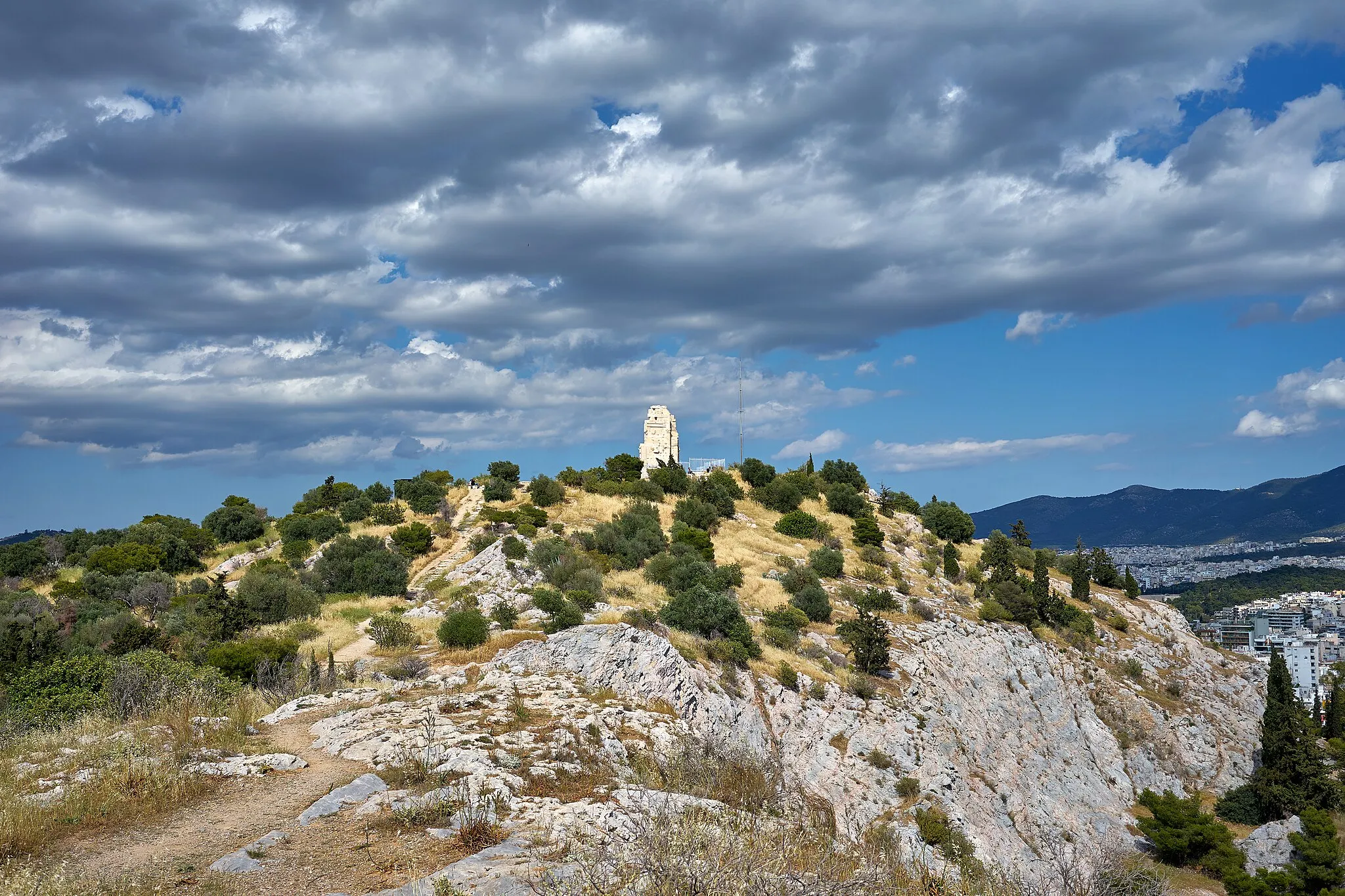 Photo showing: The Philopappos Monument from Philopappos Hill on April 30, 2020. In the background (right) Mount Hymettus.