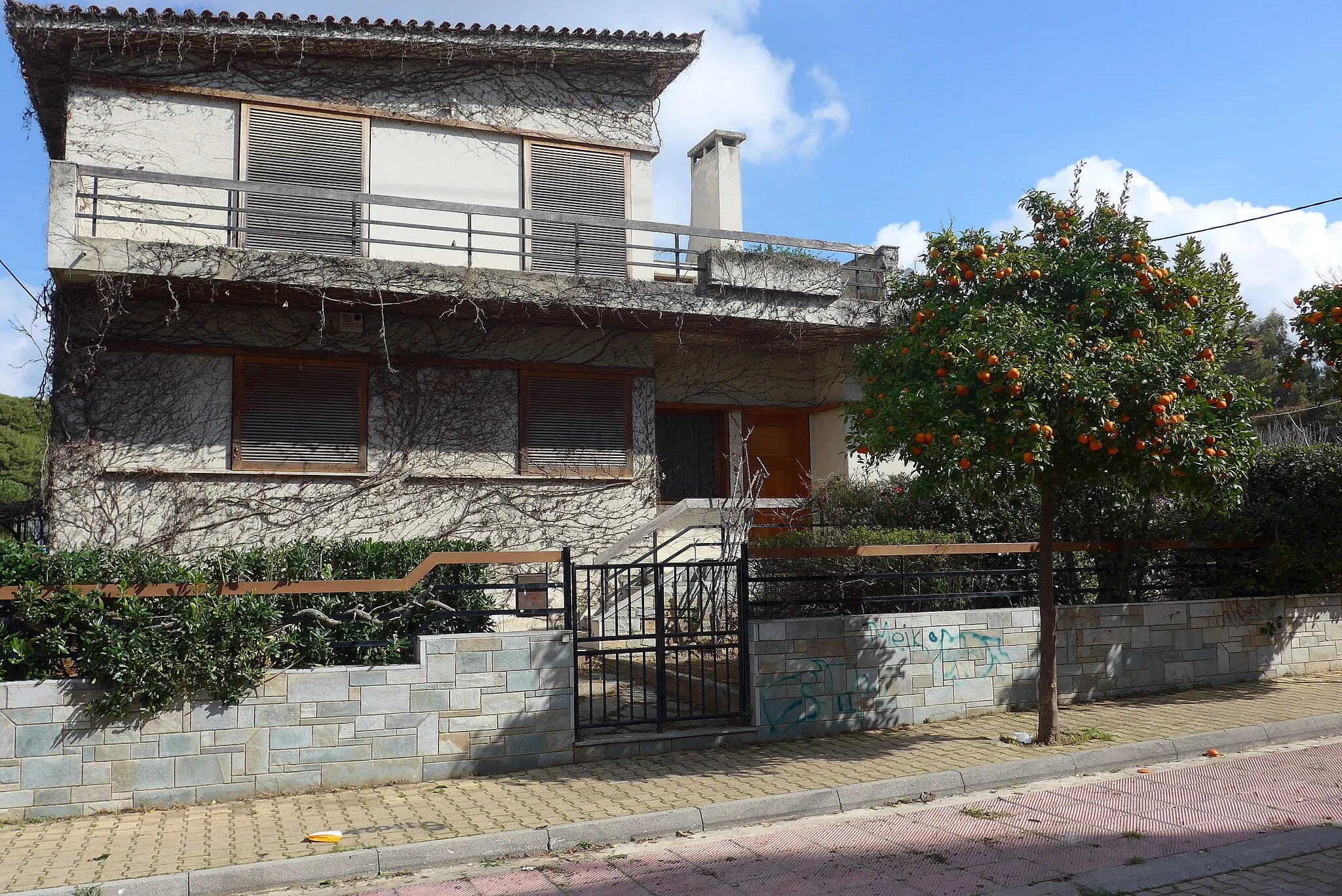 Photo showing: A climbing plant has taken all over a house in Pefki, Greece.