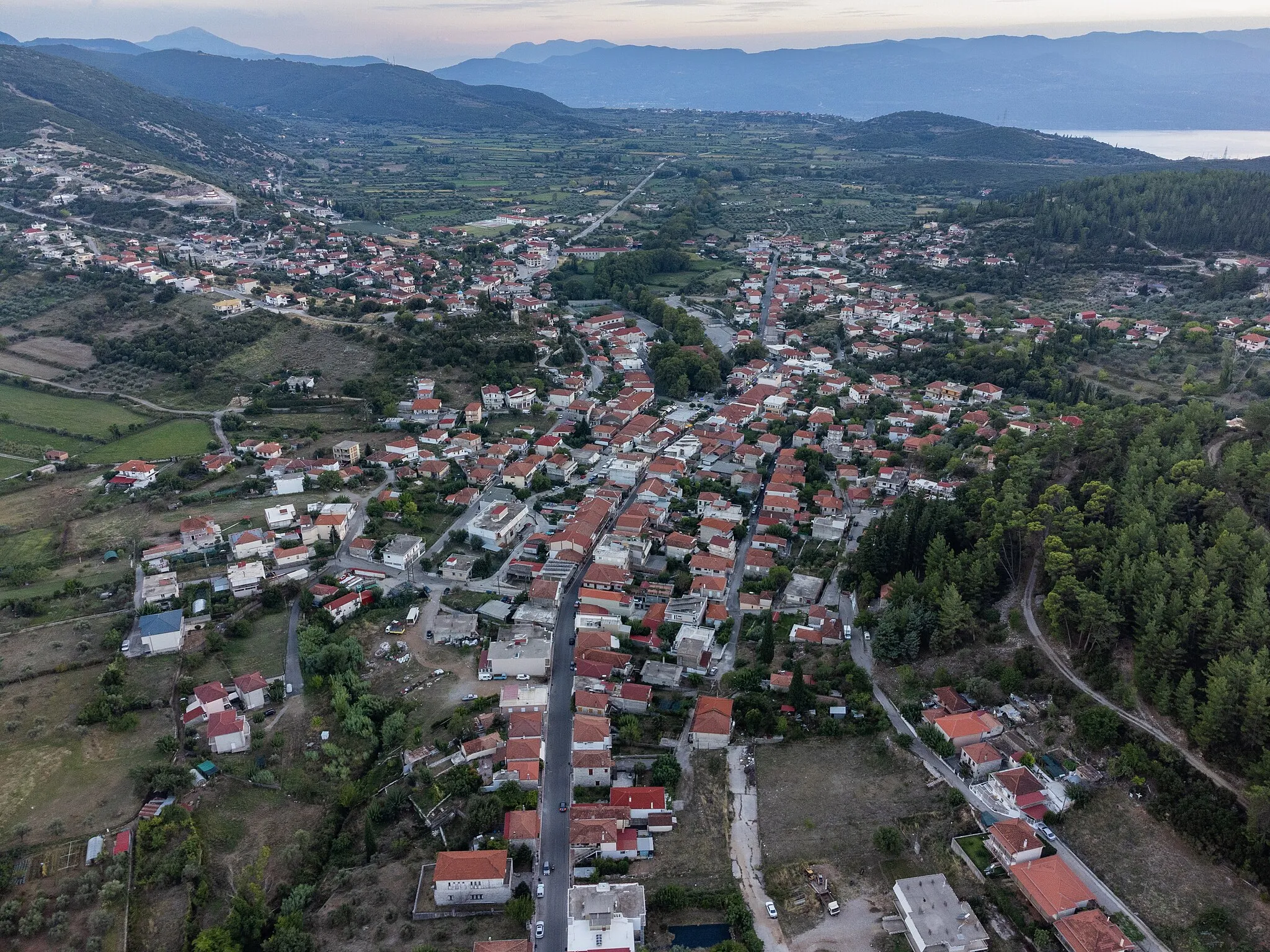 Photo showing: Aerial view of Thermo, West Greece, in early evening.