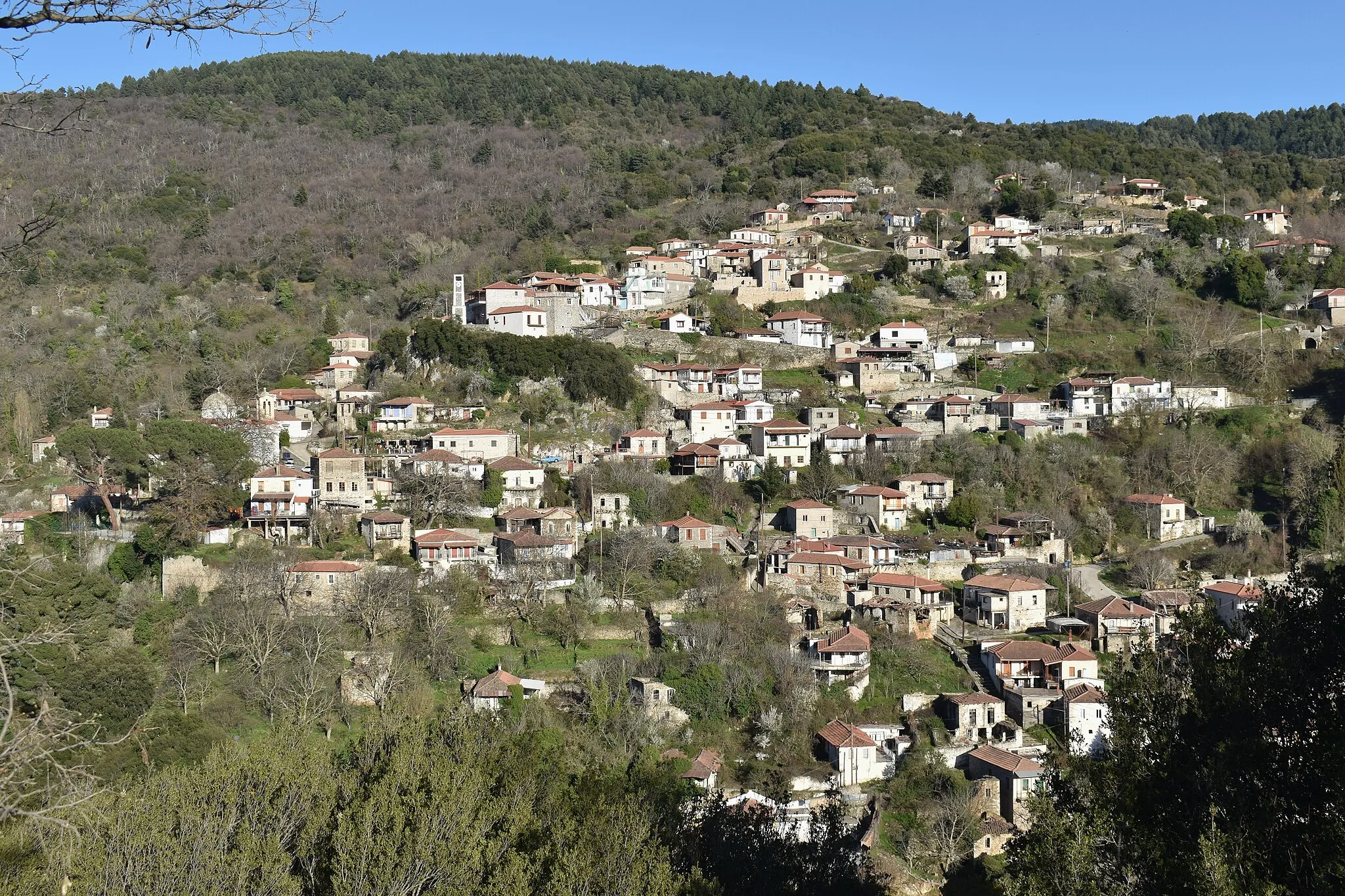 Photo showing: In the middle left the main church of the village, Agios Vasileios, can be seen. On the upper part of the image the characteristic 1950s clock is visible. Above the village looms the chestnut forest and Mount Parnon.