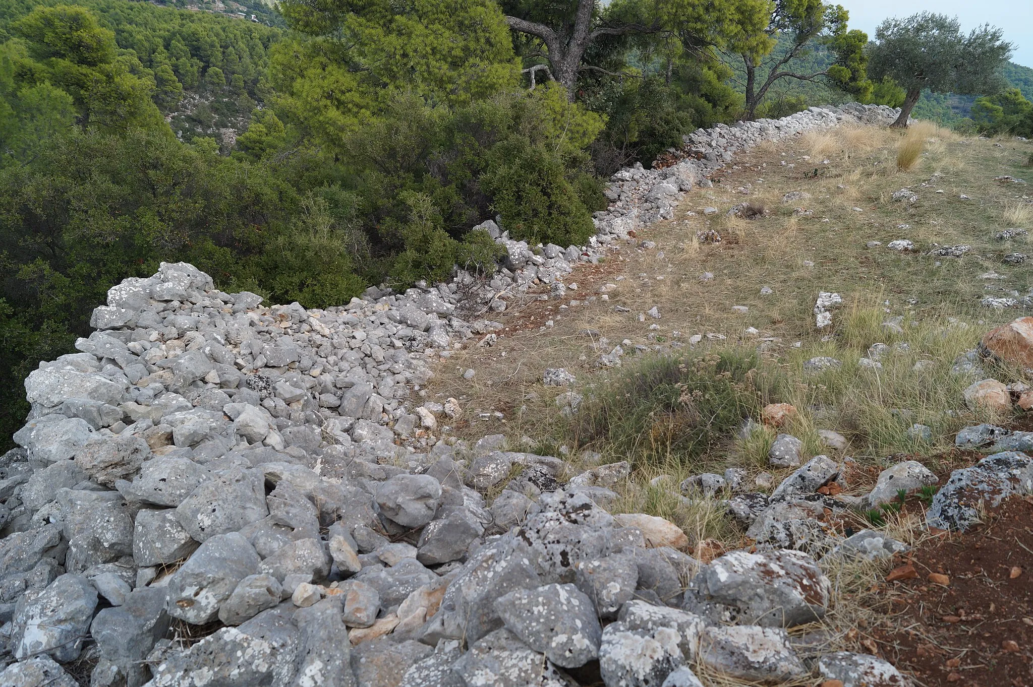 Photo showing: Sofiko, Korinthia, Greece: Walls of a medieval hill castle on Profitis Ilias (414 m) in south-east of the Larisi plateau. North section.