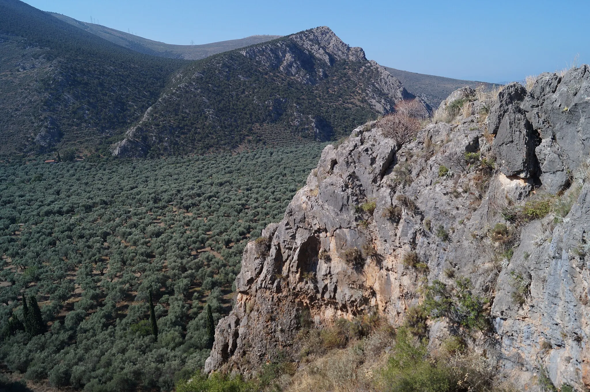 Photo showing: Chrisso, Fokida, Greece: View from the Stefani hill near the church of Agios Georgios to the south down to the Pleistos valley.