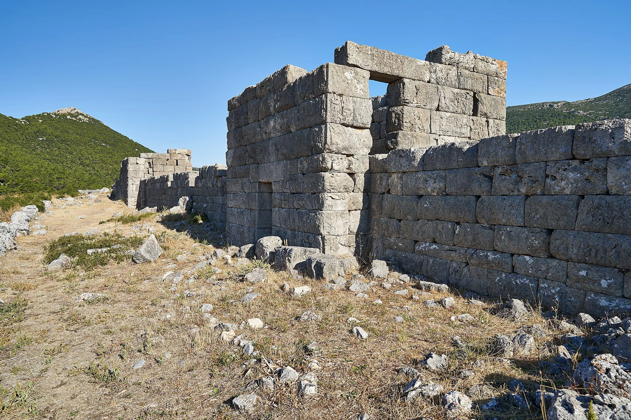 Photo showing: “Fortress of Eleutherai
The fortress of Eleutherai has been built at a strategic position for control of the narrow pass leading from Boeotia to Attica. From this point there is an unbroken view toward the ancient passage to the west and over the plain of Oinoe to the southeast. Its date between 370 and 360 B.C. places it in the Athenian defence system that was evidently constructed along the borders of Attica during the 4th century B.C.
The line of the fortress follows the line of the hilltop, enclosing an area of 300 x 100 metres, with circuit walls 860 metres in length. The vulnerable north side has a strongly constructed wall, preserved to a height of some 4 to 6 metres, with two small sally - ports. It is reinforced by seven square towers, 6 metres along the side, that project from the two faces of of the wall and are connected by a curtain wall with a parapet - walk. Two gateways provide entrance to the fortress: the main, double gateway is at the west above the control -road; the secondary entrance, at the southeast side, with a small gateway, connects the fortress with the city of Eleutherai by way of the south slopes of the hill. In addition to the north side, the other sides two are reinforced, but with fewer towers preserved only to a low level. Their masonry is in places polygonal and irregular, evidently because of the terrain.
Preserved in the interior, close to the north side, are the foundations of a building measuring 16 x 11 metres, evidently with two storeys, with polygonal wall construction, a central passageway and a pair of rooms at each side. It is probably to be dated to a phase earlier than the fortress and it will have served as in installation facility for a garrison. It is possible too that it served for billeting even after the fortress was completed. Fragmentary low walls, scattered through the interior area of the fortress, indicate that there were other such buildings as well.
3rd EPHORATE OF PREHISTORIC & CLASSICAL ANTIQUITIES”

Text: Site marker inside the fortress.