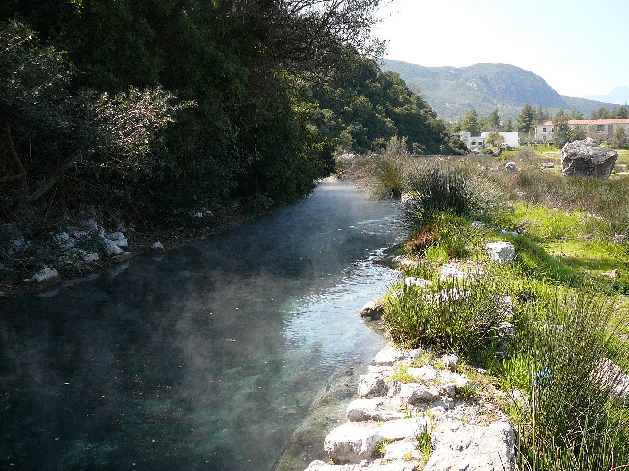 Photo showing: Thermopylae derives half of its name from its hot springs. This river is formed by the steaming water which smells of sulfur. In the background, you can see buildings of the modern baths. In ancient times the springs created a swamp.