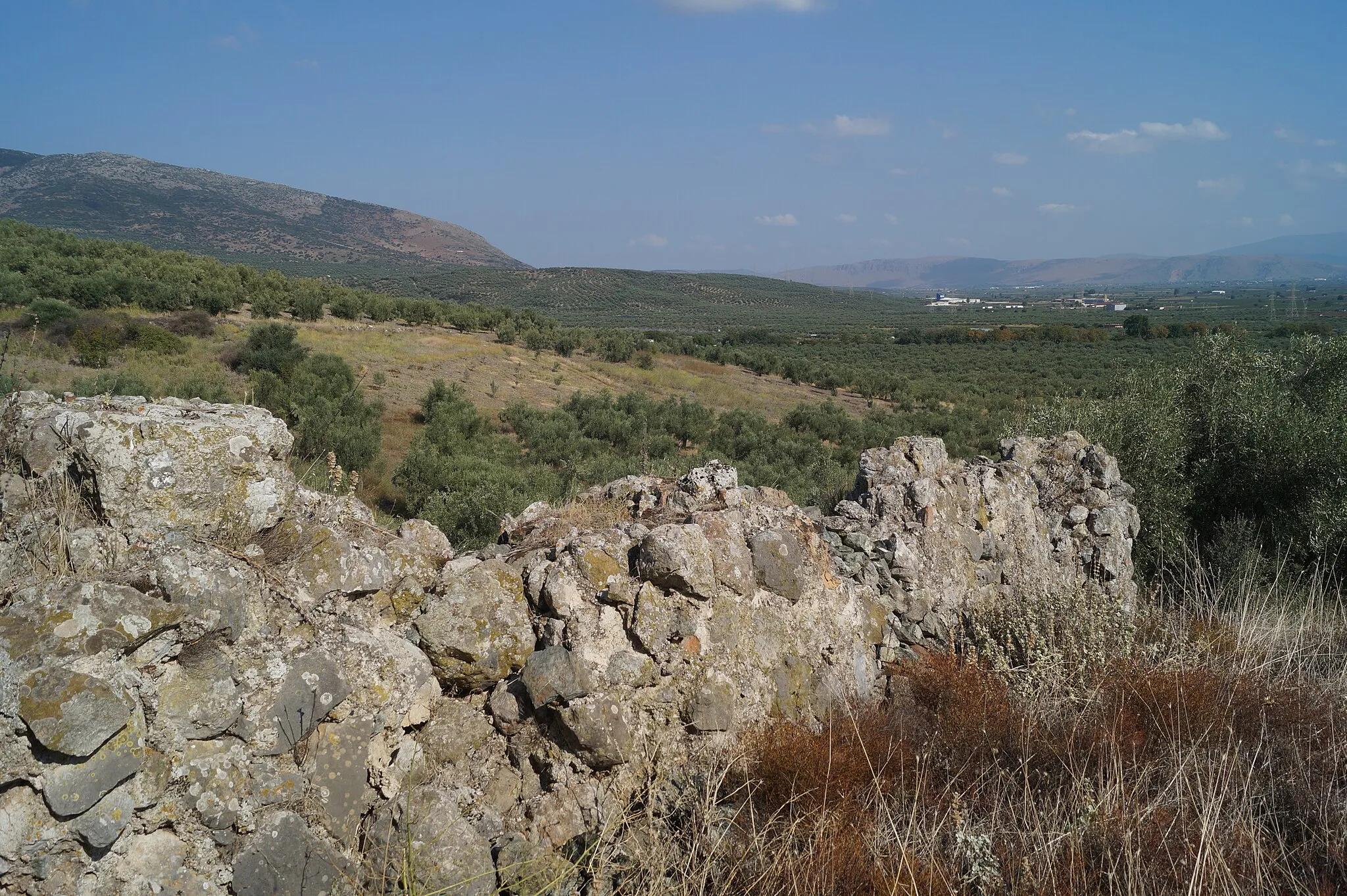 Photo showing: Koroneia, Boeotia, Greece: View from the ruins of a medieval tower to the west on mount Laphystion. In the foreground there is a collapsed part of the tower.