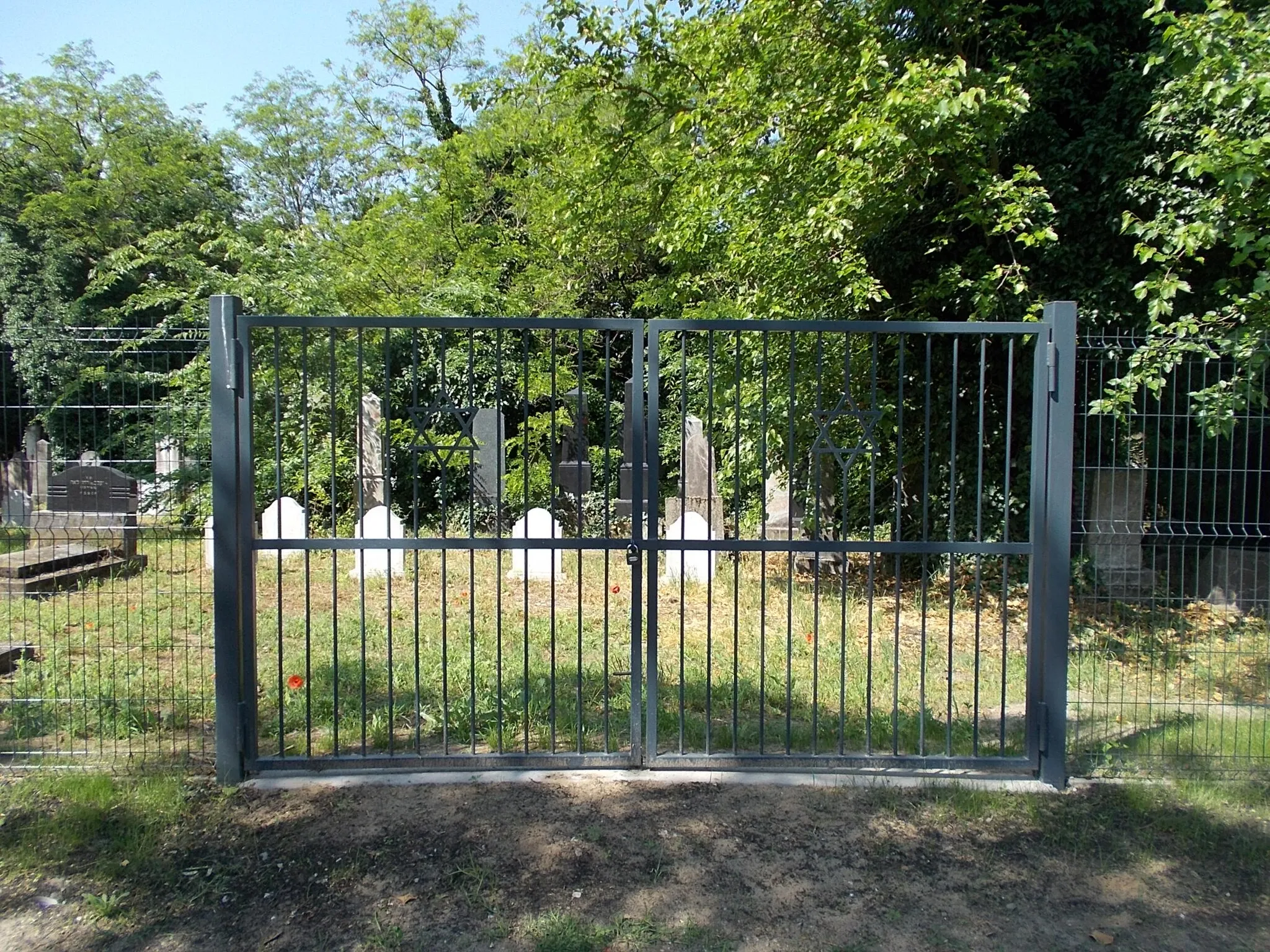 Photo showing: Jewish cemetery, the old Jewish cemetery west part. Listed. Opened in 1789. Closed in 1950. It is bordered by a brick wall on the Szegedi Road side and a wire fence on the other three sides. Its wrought-iron entrance with a semicircular closure opens in the middle of the brickwork. In the cemetery there are about five to seven thousand graves marked with sandstone, limestone, granite and marble tombstones. Near the entrance stands the crypt/mausoleum of the Fischer family, made in 1899, surrounded by a wrought-iron fence. - c. 3 Fűzfa Street, c 103 Szegedi Road, Kiscsávoly neighbourhood, Baja, Bács-Kiskun County, Hungary.