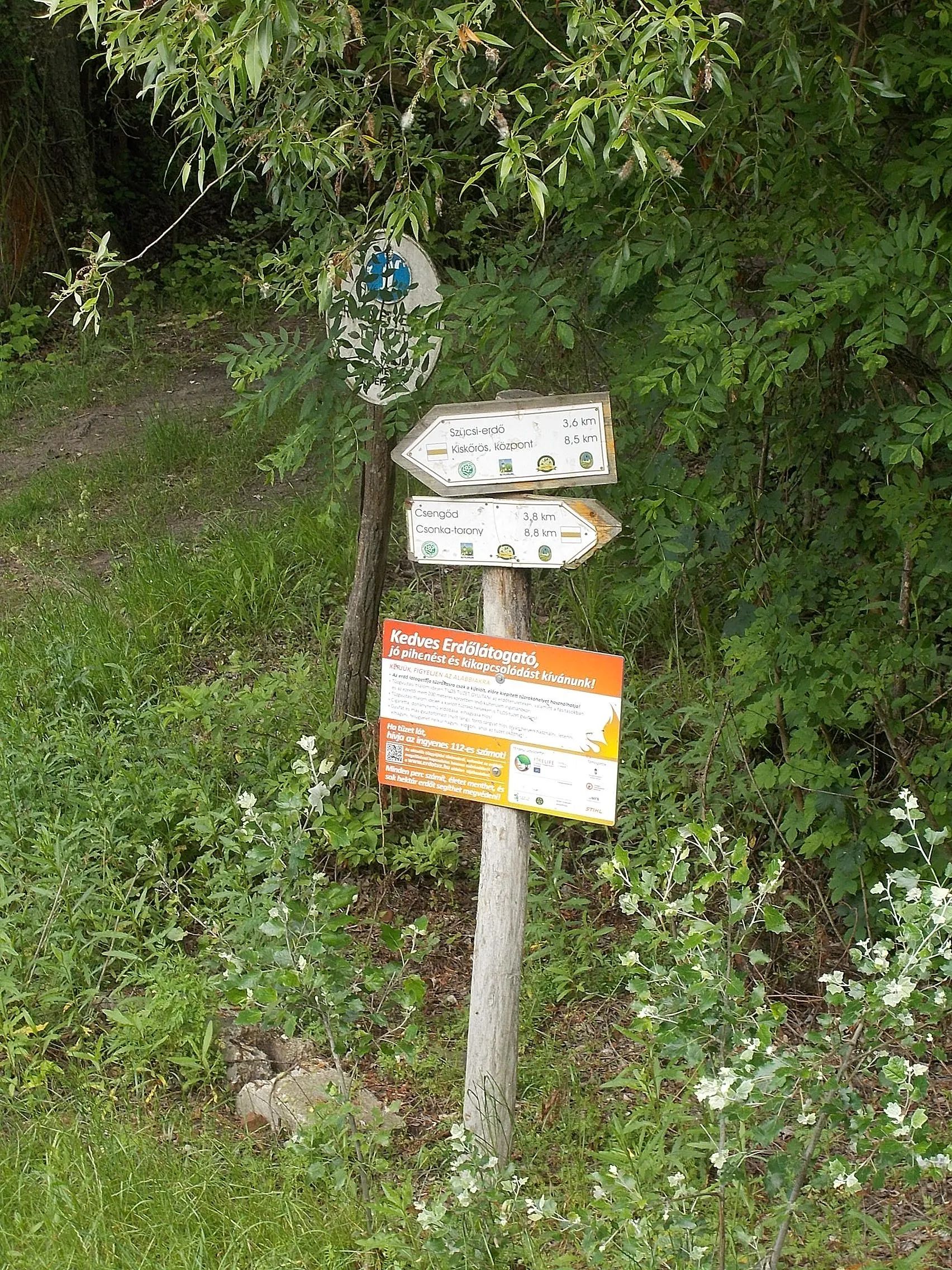 Photo showing: : Protected area limit sign and fingerpost close to Tabdi train stop. - Tabdi, Bács-Kiskun County, Hungary.