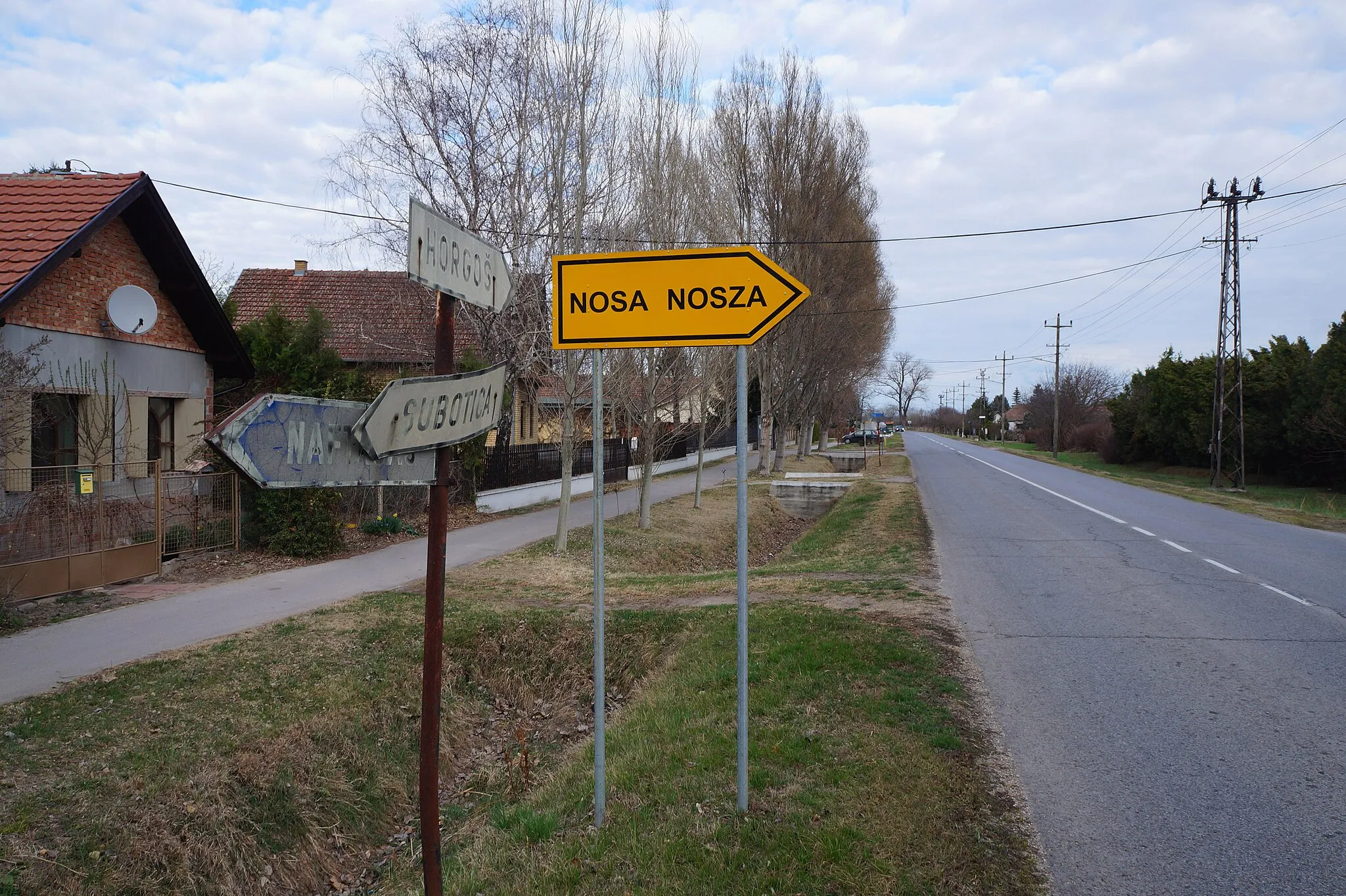 Photo showing: Glavna ulica u Hajdukovu (Segedinski put), putokaz ka Nosi.