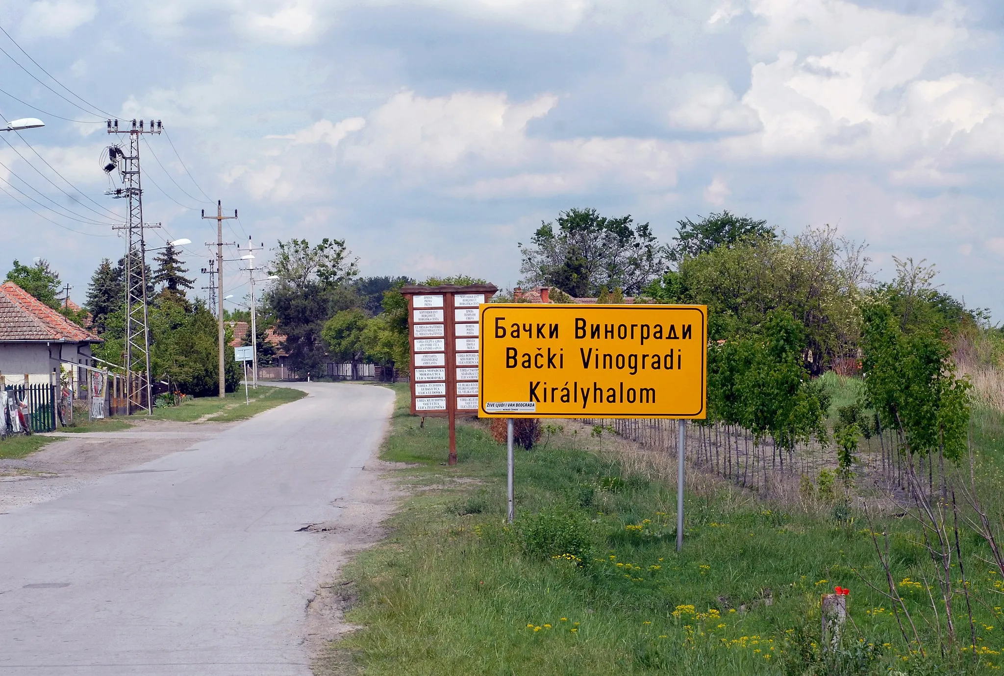 Photo showing: Enthrance sign of Bački Vinogradi in Serbia, a nice example of (still intact) multilingual road signs in Serbia. Notice the vitty opposition-party sticker that says "People live outside Belgrade too"