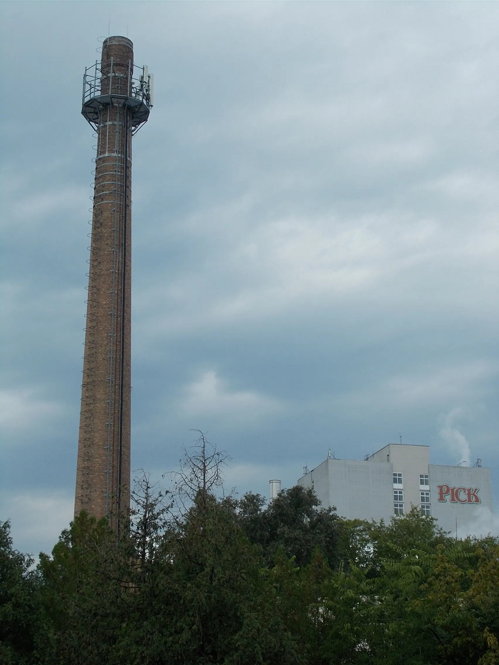 Photo showing: Factory brick chimney (1970s). Part of the Pick Szeged Salami Factory and Meat Factory  viewed from Alsóváros (Lower Town) Cemetery, Alsóváros (Lower Town) neighborough, Szeged, Csongrád-Csanád County, Hungary.